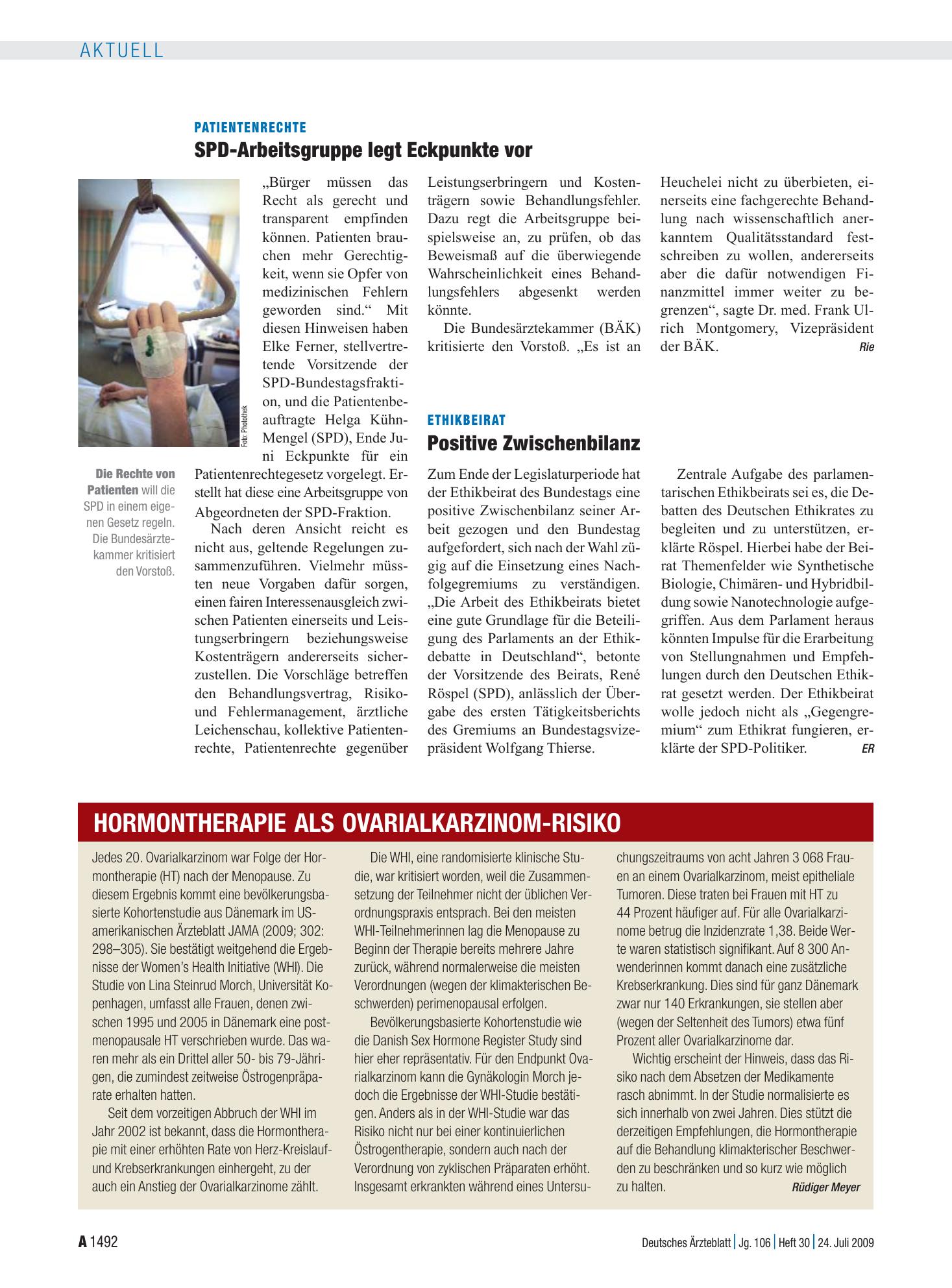 Vorschauseite 1: Hormontherapie als Ovarialkarzinom-Risiko – Deutsches Ärzteblatt
