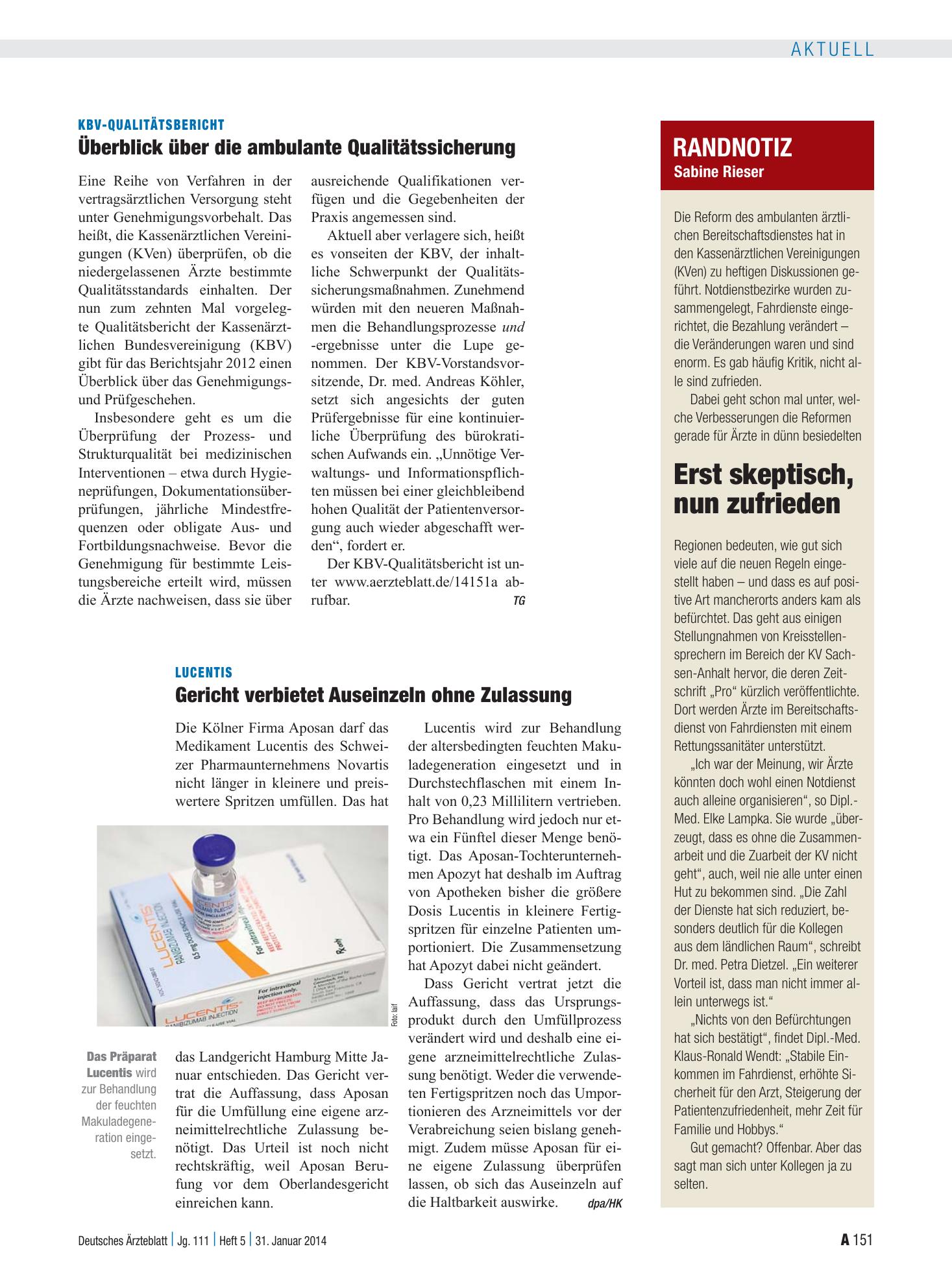 Vorschauseite 1: Lucentis: Gericht verbietet Auseinzeln ohne Zulassung – Deutsches Ärzteblatt