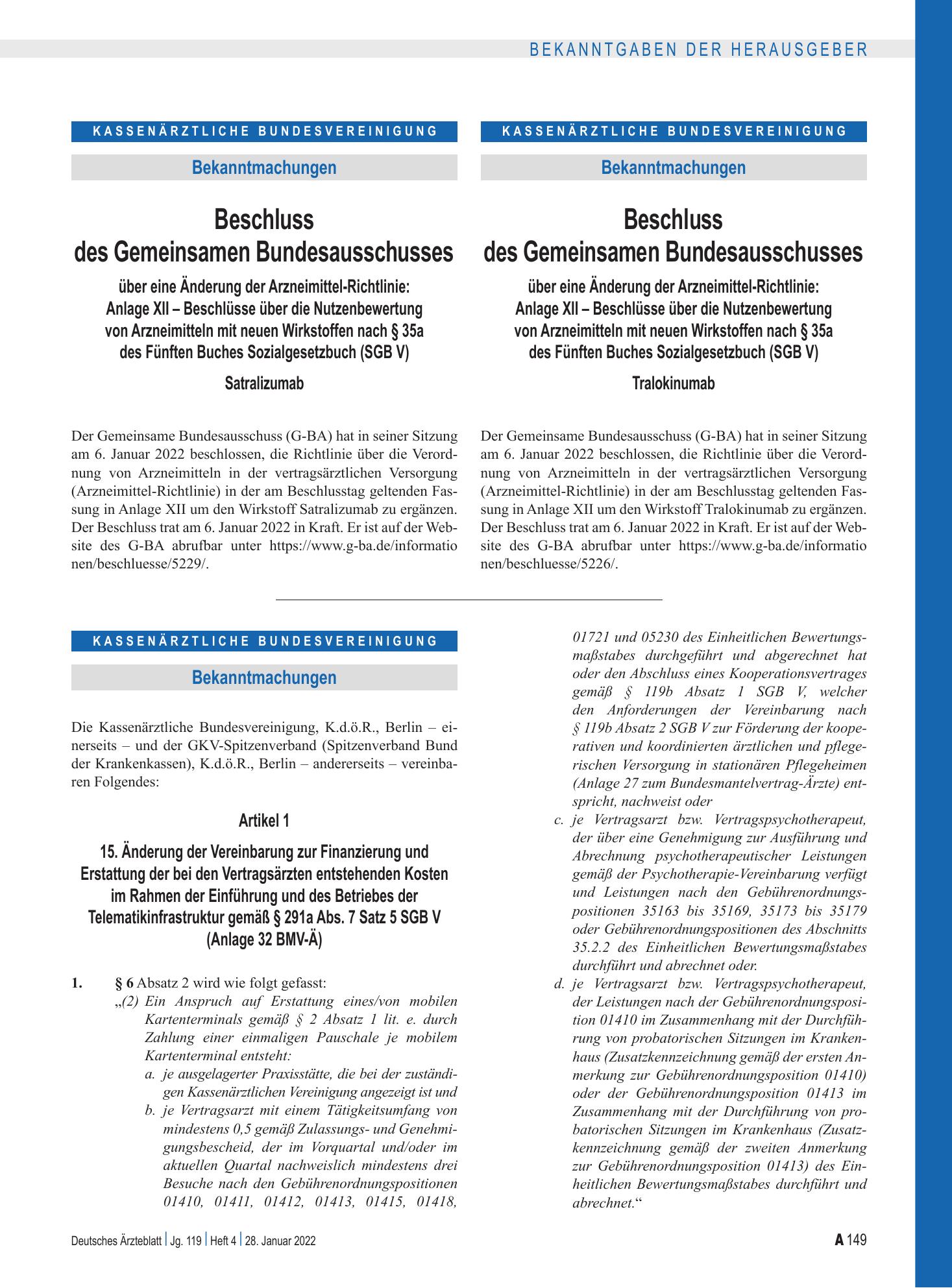 Vorschauseite 1: Beschlüsse über die Nutzenbewertung von Arzneimitteln mit neuen Wirkstoffen: Satralizumab – Deutsches Ärzteblatt