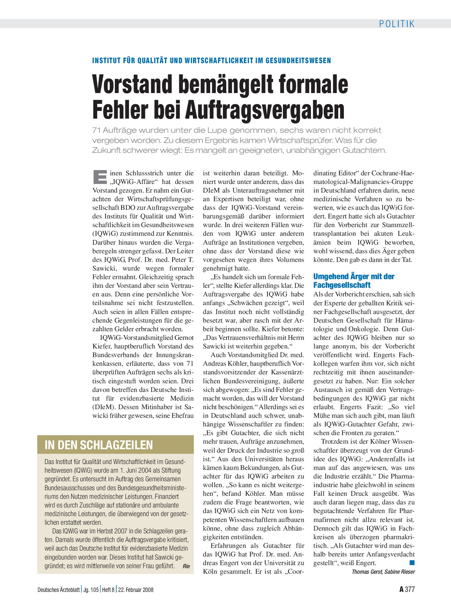 Vorschauseite 1: Institut für Qualität und Wirtschaftlichkeit im Gesundheitswesen: Vorstand bemängelt formale Fehler bei Auftragsvergaben – Deutsches Ärzteblatt