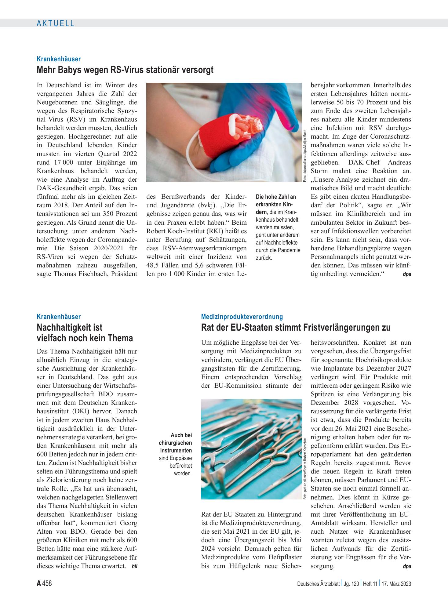 Vorschauseite 1: Krankenhäuser: Mehr Babys wegen RS-Virus stationär versorgt – Deutsches Ärzteblatt