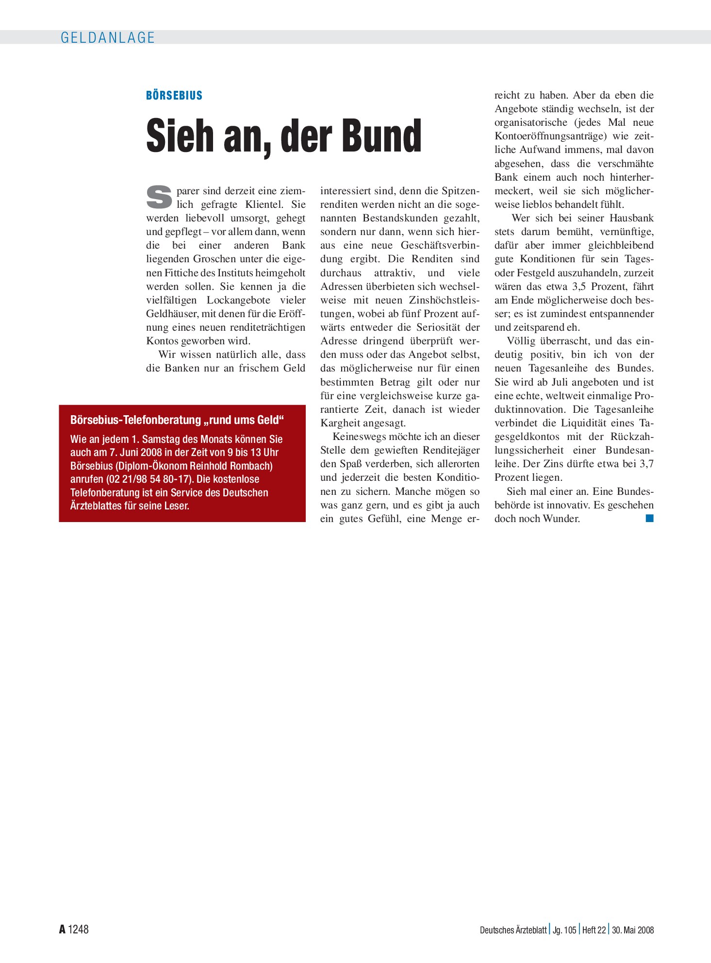 Vorschauseite 1: Börsebius: Sieh an, der Bund – Deutsches Ärzteblatt