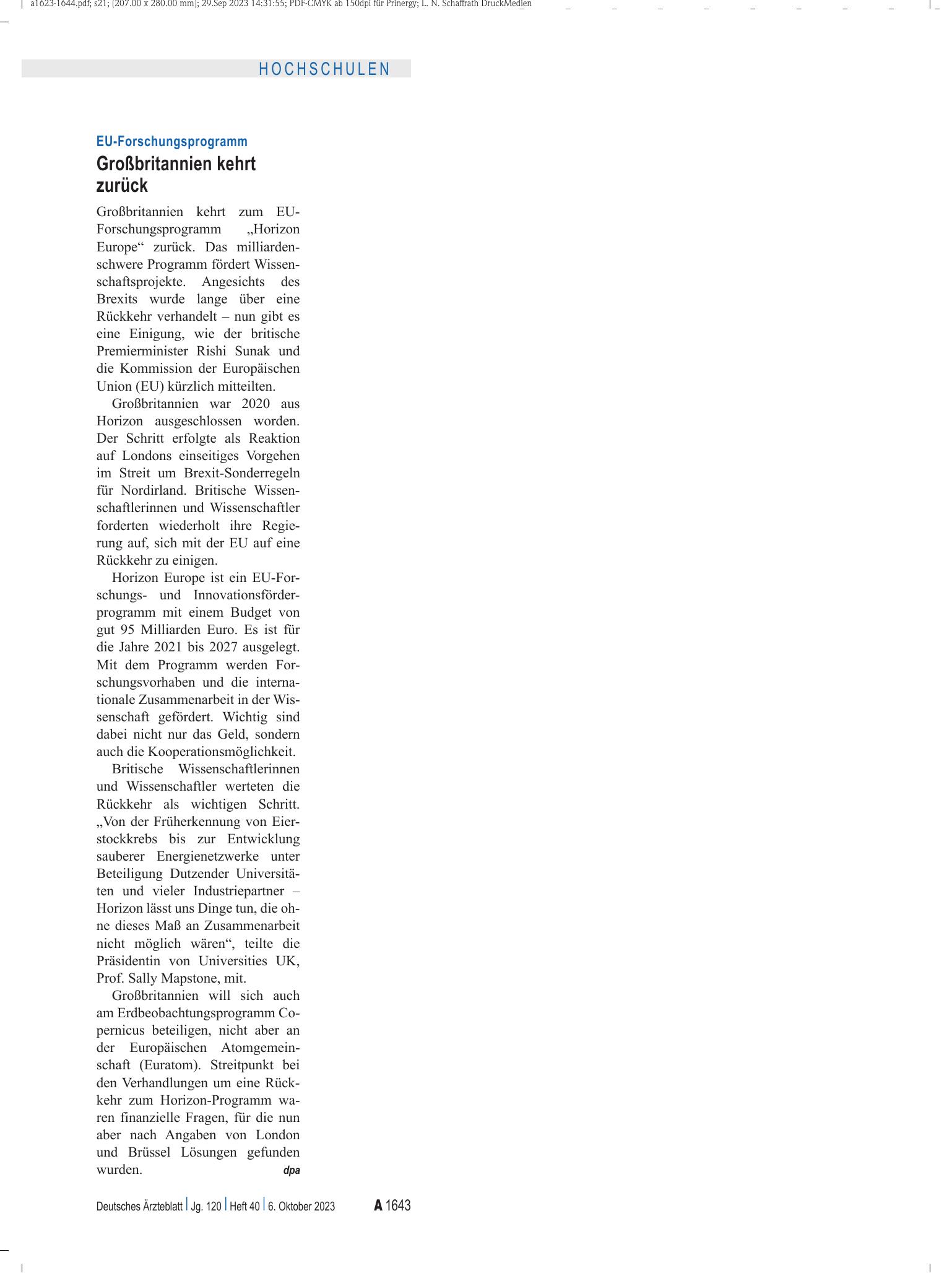 Vorschauseite 1: EU-Forschungsprogramm: Großbritannien kehrt zurück – Deutsches Ärzteblatt