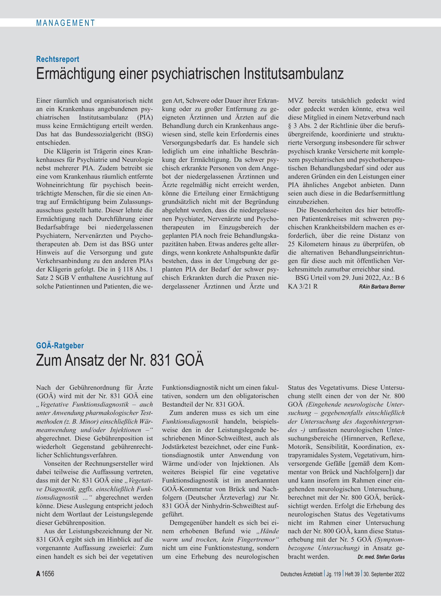 Vorschauseite 1: GOÄ-Ratgeber: Zum Ansatz der Nr. 831 GOÄ – Deutsches Ärzteblatt