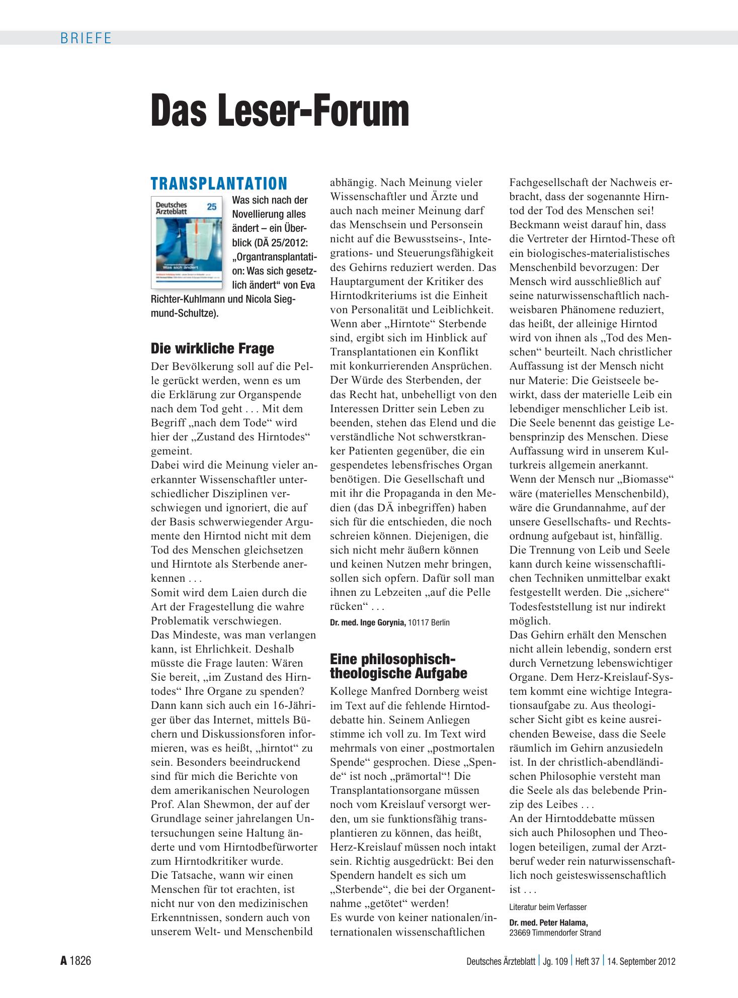 Vorschauseite 1: Transplantation: Die wirkliche Frage – Deutsches Ärzteblatt