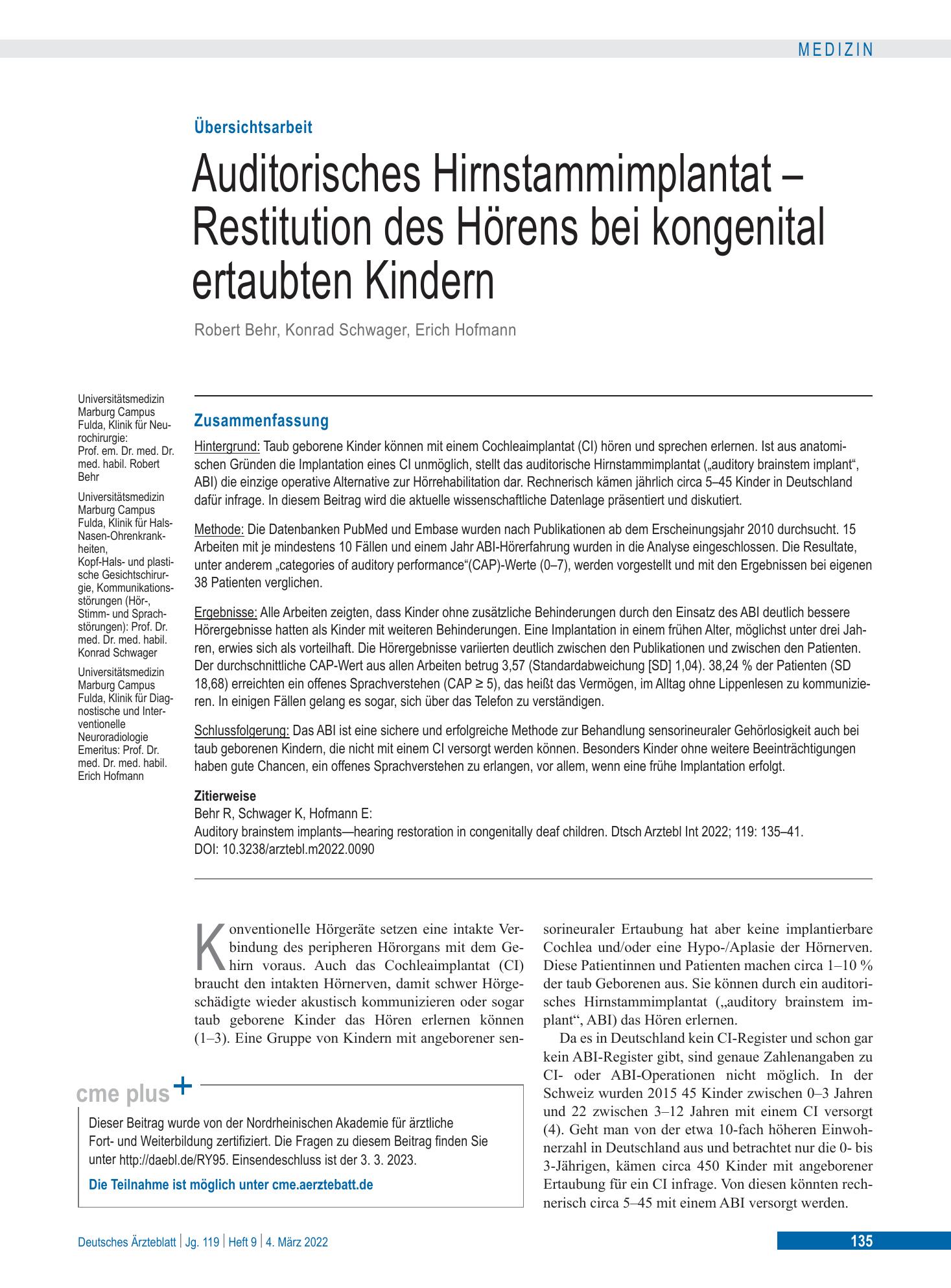 Vorschauseite 1: Auditorisches Hirnstammimplantat – Restitution des Hörens bei kongenital ertaubten Kindern – Deutsches Ärzteblatt