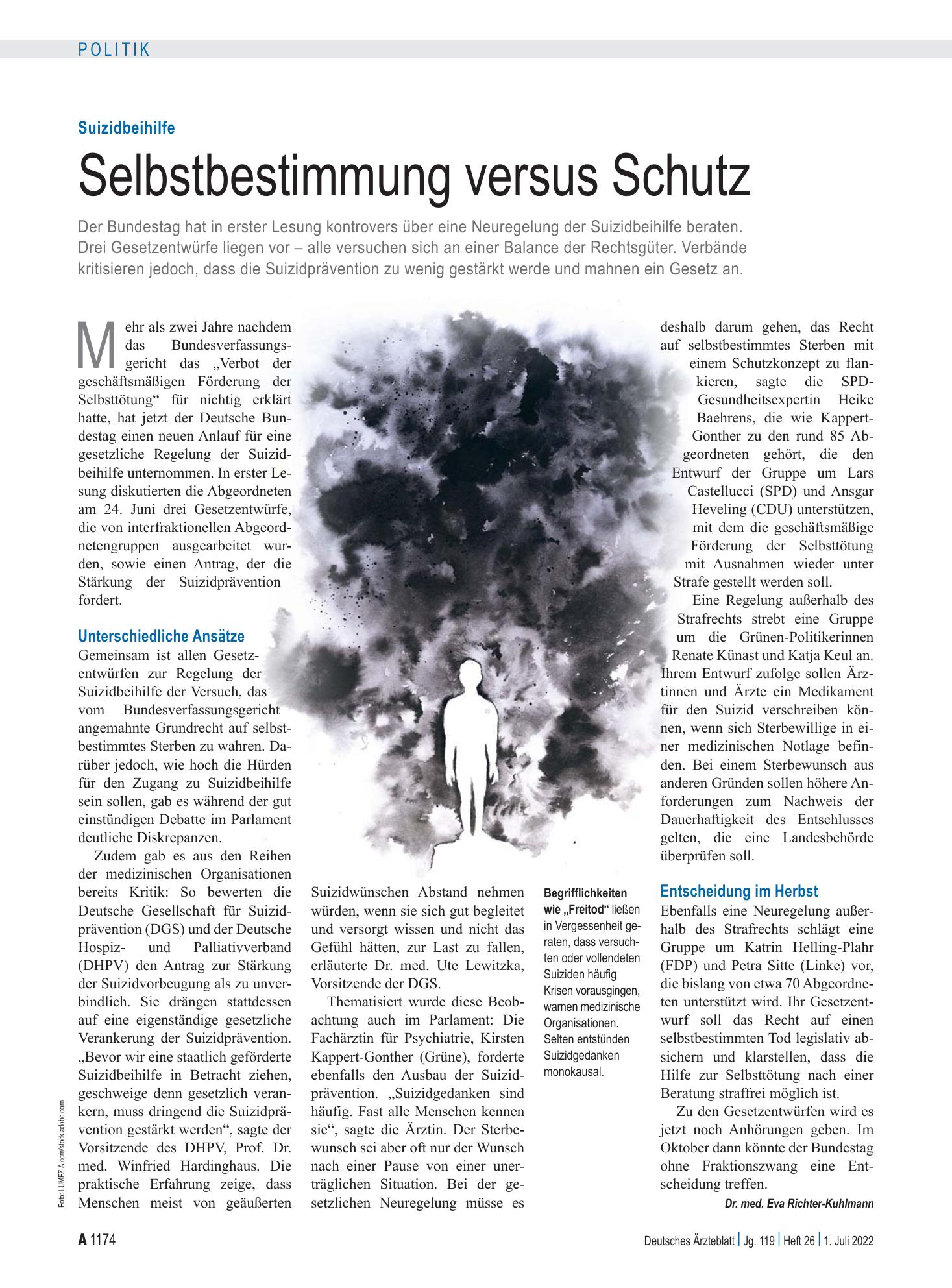 Vorschauseite 1: Suizidbeihilfe: Selbstbestimmung versus Schutz – Deutsches Ärzteblatt