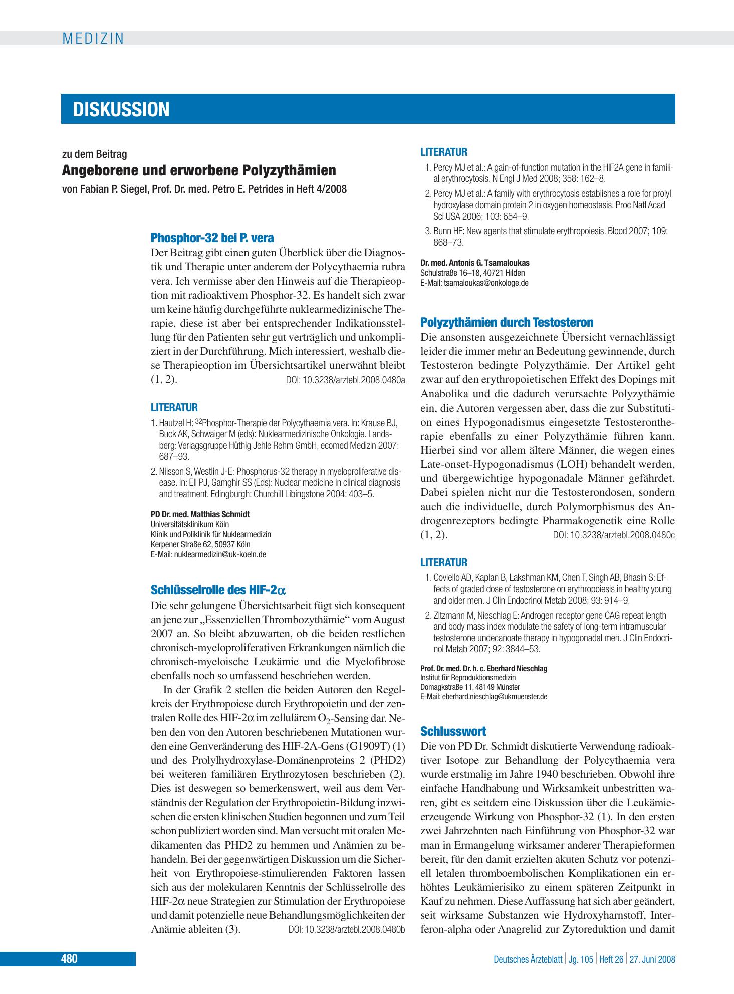 Vorschauseite 1: Angeborene und erworbene Polyzythämien: Polyzythämien durch Testosteron – Deutsches Ärzteblatt