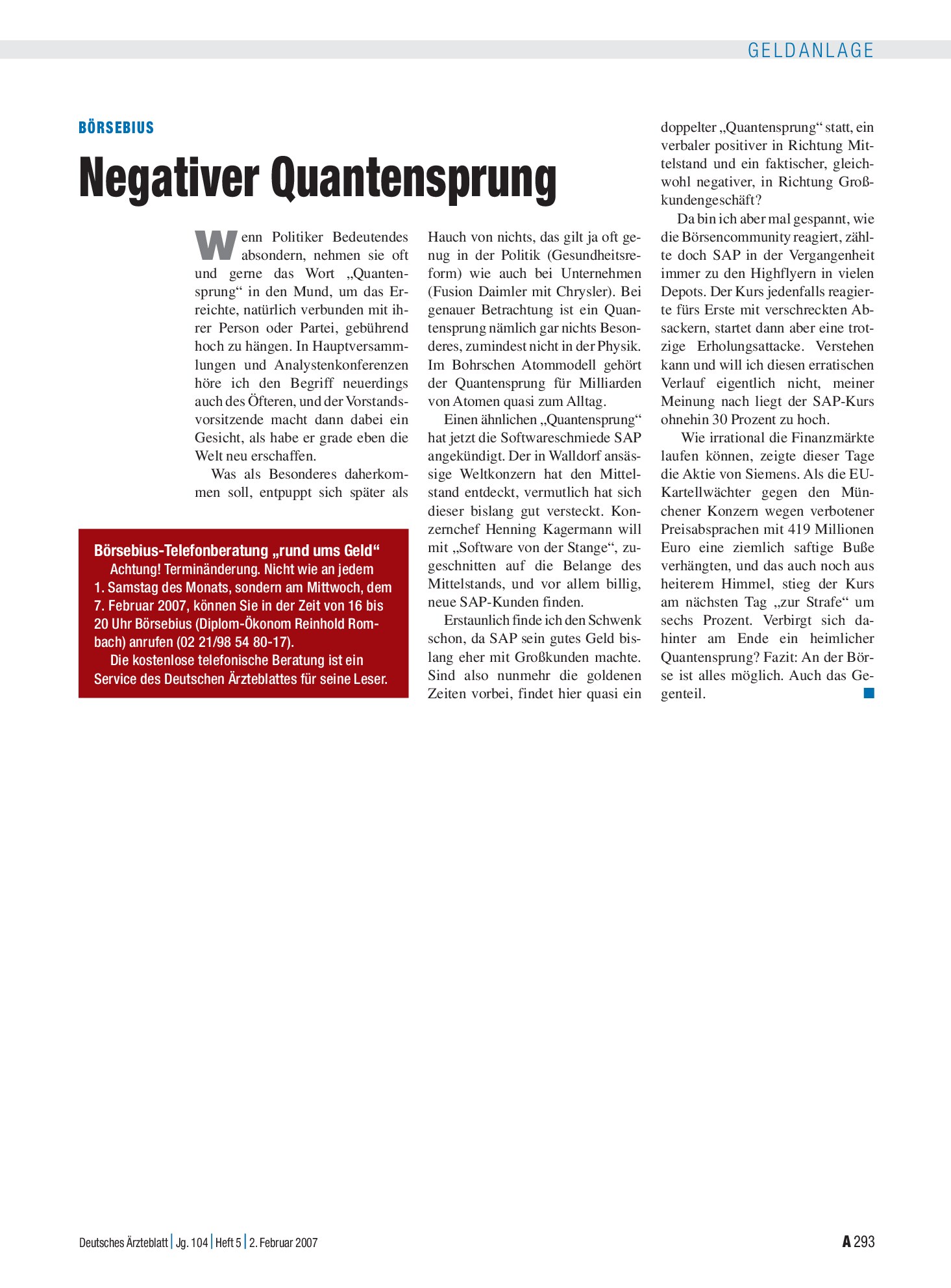 Vorschauseite 1: Börsebius: Negativer Quantensprung – Deutsches Ärzteblatt