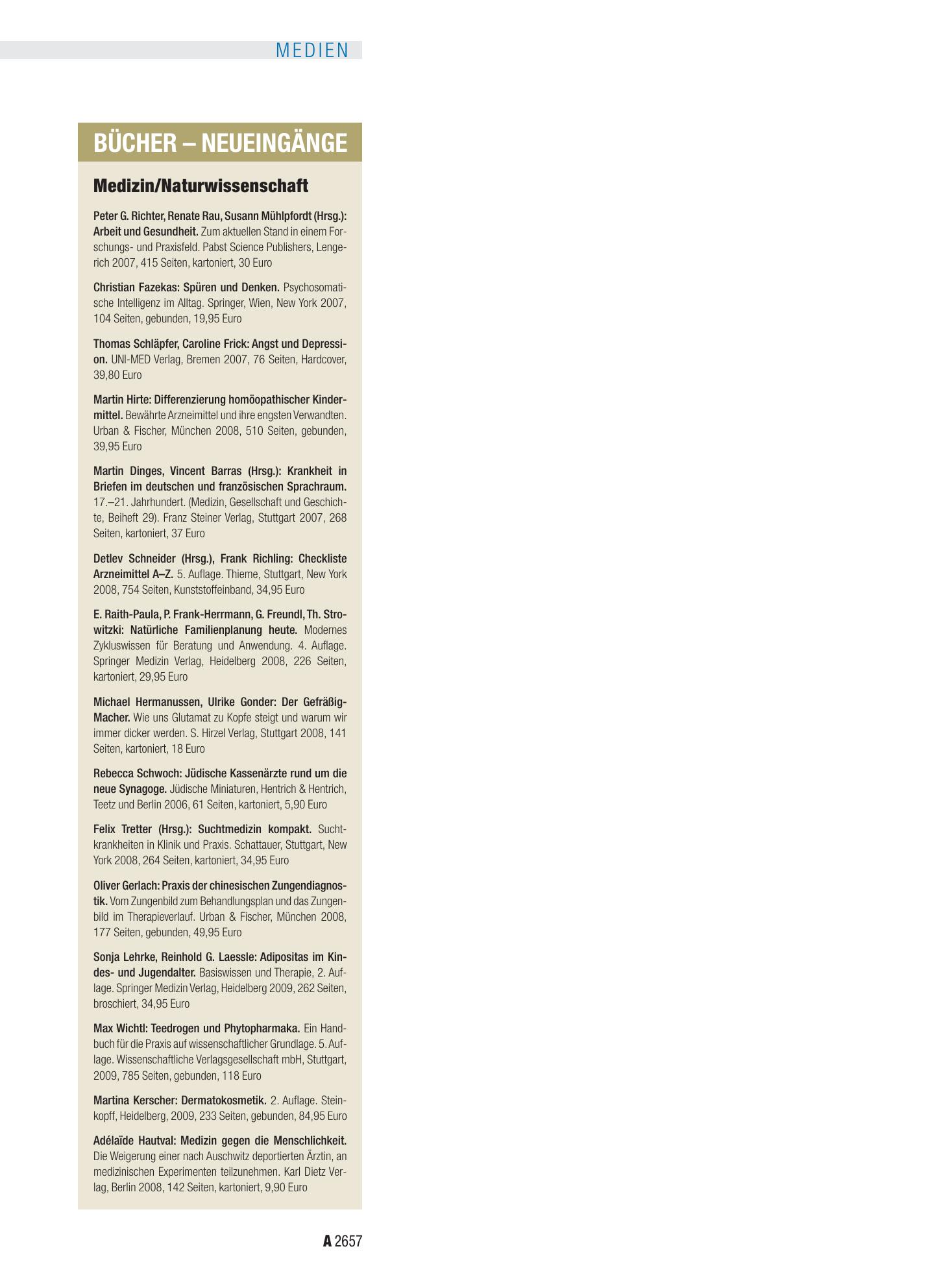 Vorschauseite 1: Bücher – Neueingänge: Medizin/Naturwissenschaft – Deutsches Ärzteblatt