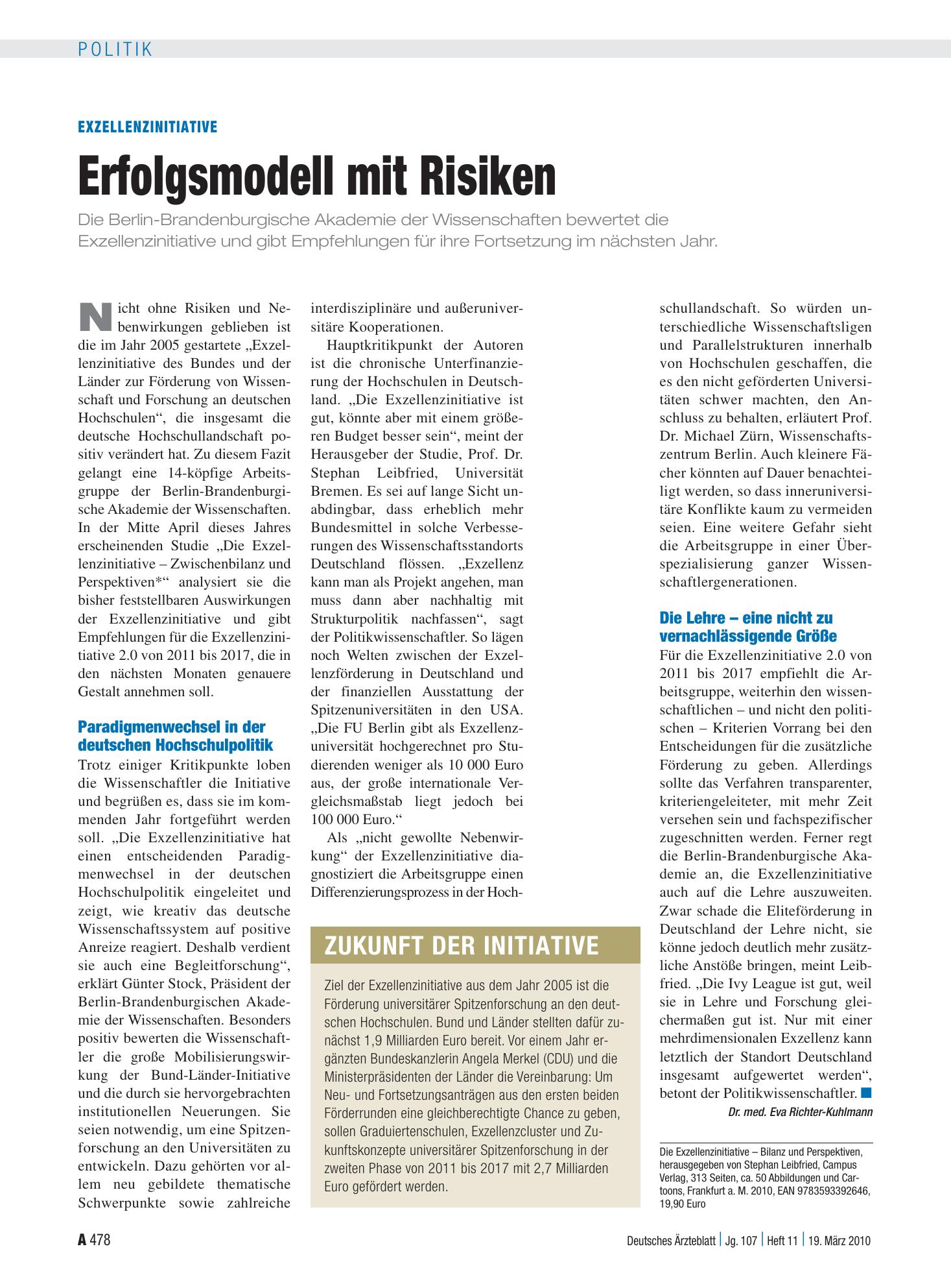 Vorschauseite 1: Exzellenzinitiative: Erfolgsmodell mit Risiken – Deutsches Ärzteblatt