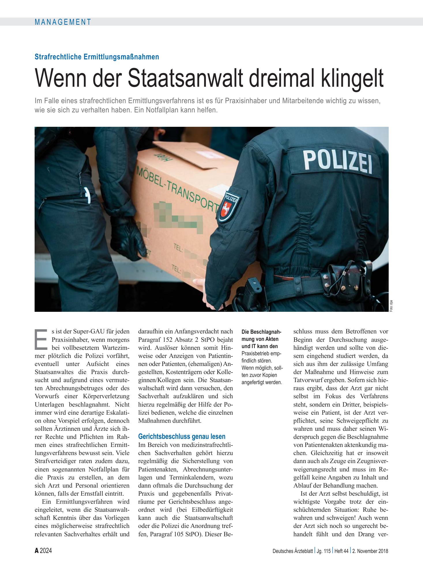 Vorschauseite 1: Strafrechtliche Ermittlungsmaßnahmen: Wenn der Staatsanwalt dreimal klingelt – Deutsches Ärzteblatt