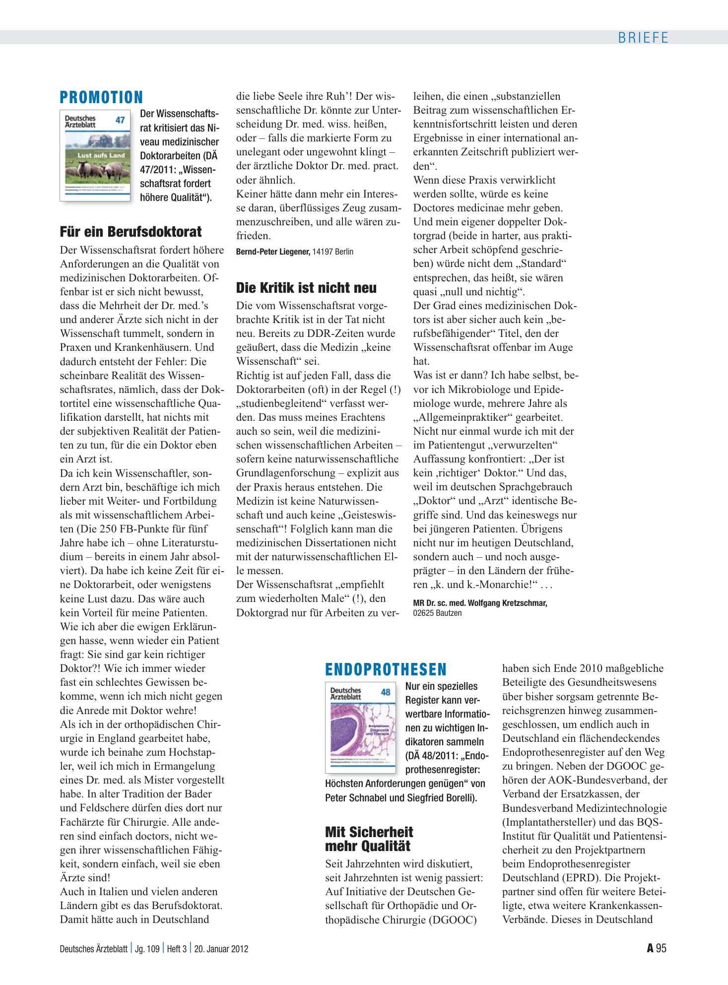 Vorschauseite 1: Promotion: Für ein Berufsdoktorat – Deutsches Ärzteblatt