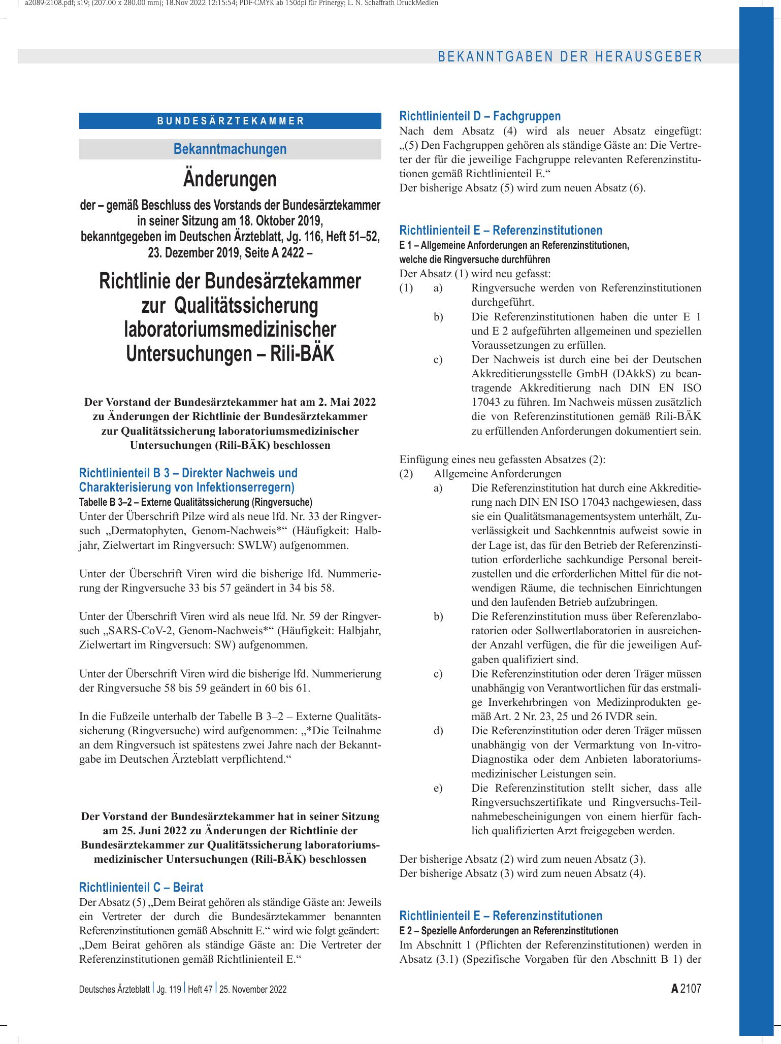 Vorschauseite 1: Änderungen der Richtlinie der Bundesärztekammer zur Qualitätssicherung laboratoriumsmedizinischer Untersuchungen – Rili-BÄK – Deutsches Ärzteblatt
