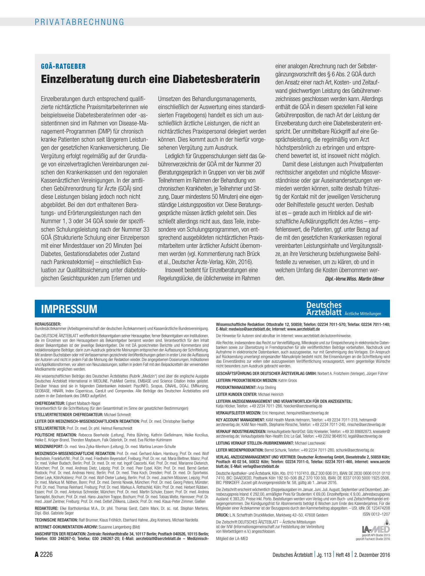 Vorschauseite 1: GOÄ-Ratgeber: Einzelberatung durch eine Diabetesberaterin – Deutsches Ärzteblatt