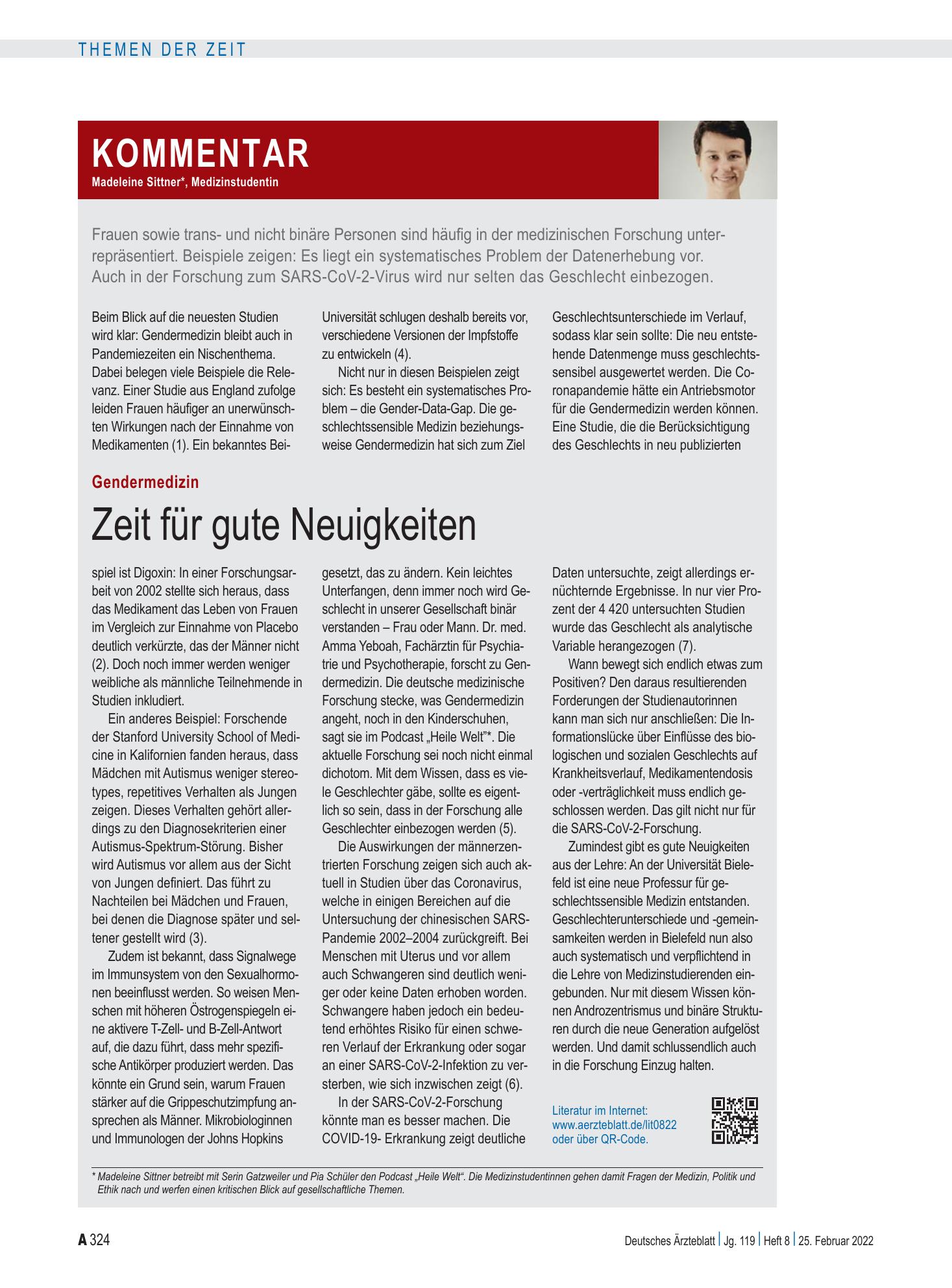 Vorschauseite 1: Gendermedizin: Zeit für gute Neuigkeiten – Deutsches Ärzteblatt