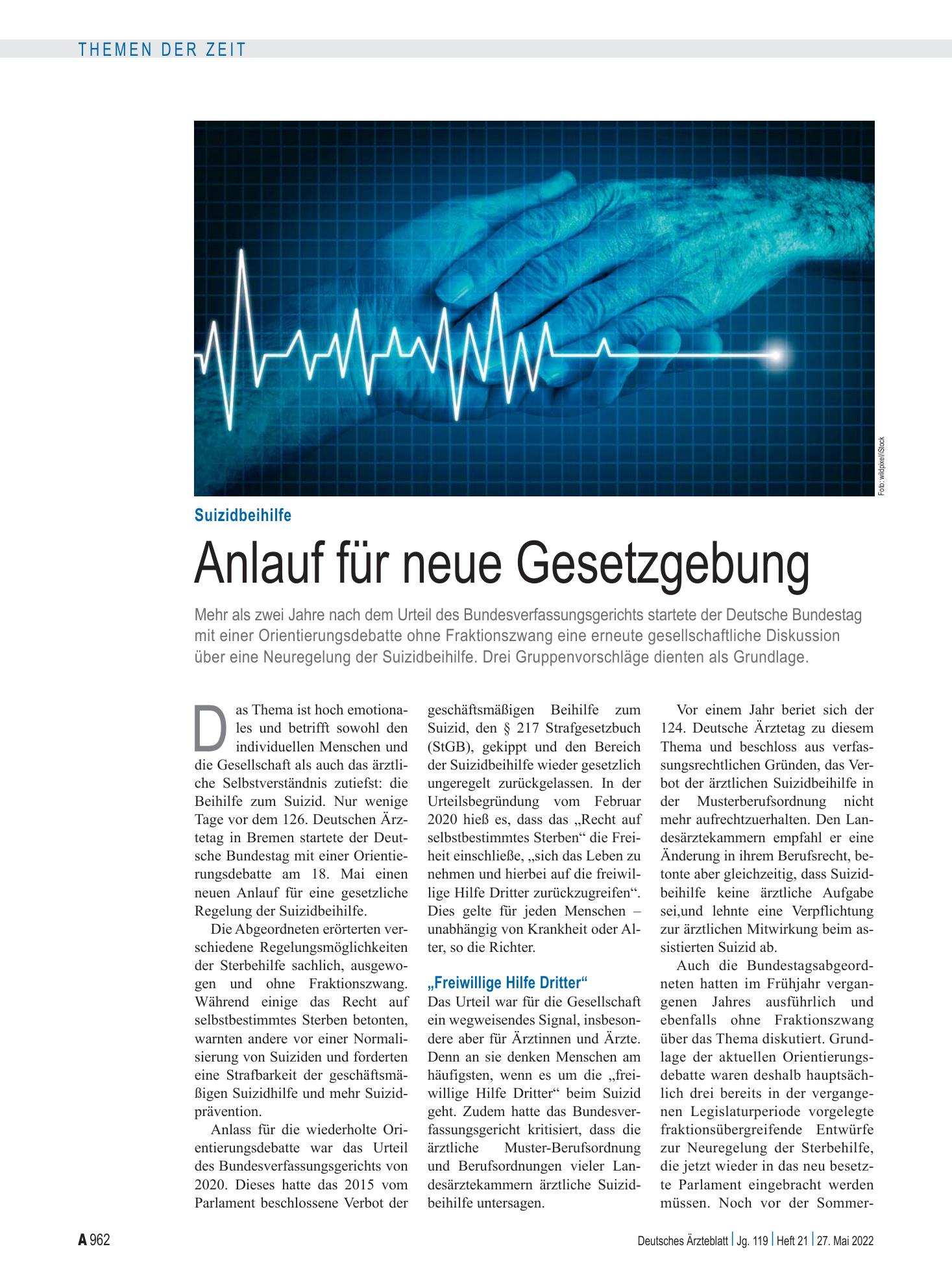 Vorschauseite 1: Suizidbeihilfe: Anlauf für neue Gesetzgebung – Deutsches Ärzteblatt