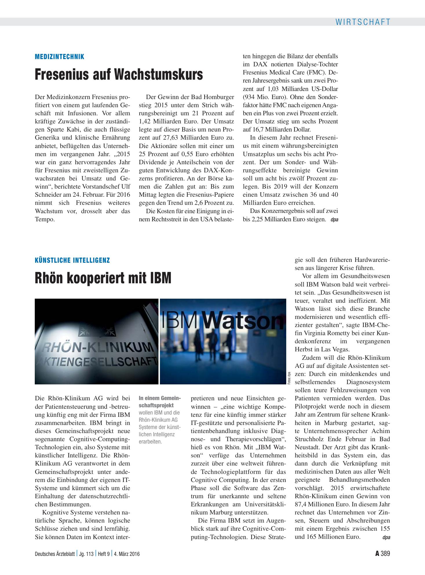 Vorschauseite 1: Medizintechnik: Fresenius auf Wachstumskurs – Deutsches Ärzteblatt