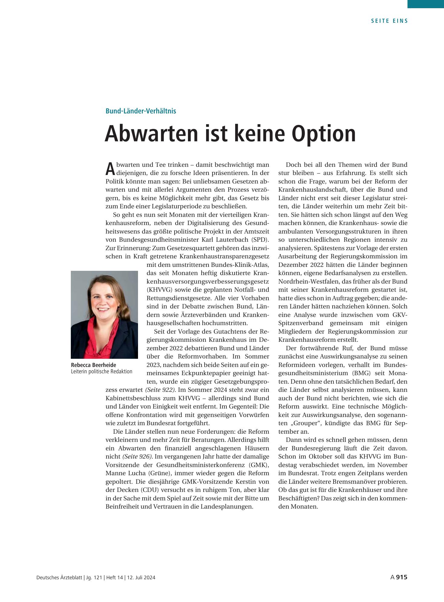 Vorschauseite 1: Bund-Länder-Verhältnis: Abwarten ist keine Option – Deutsches Ärzteblatt