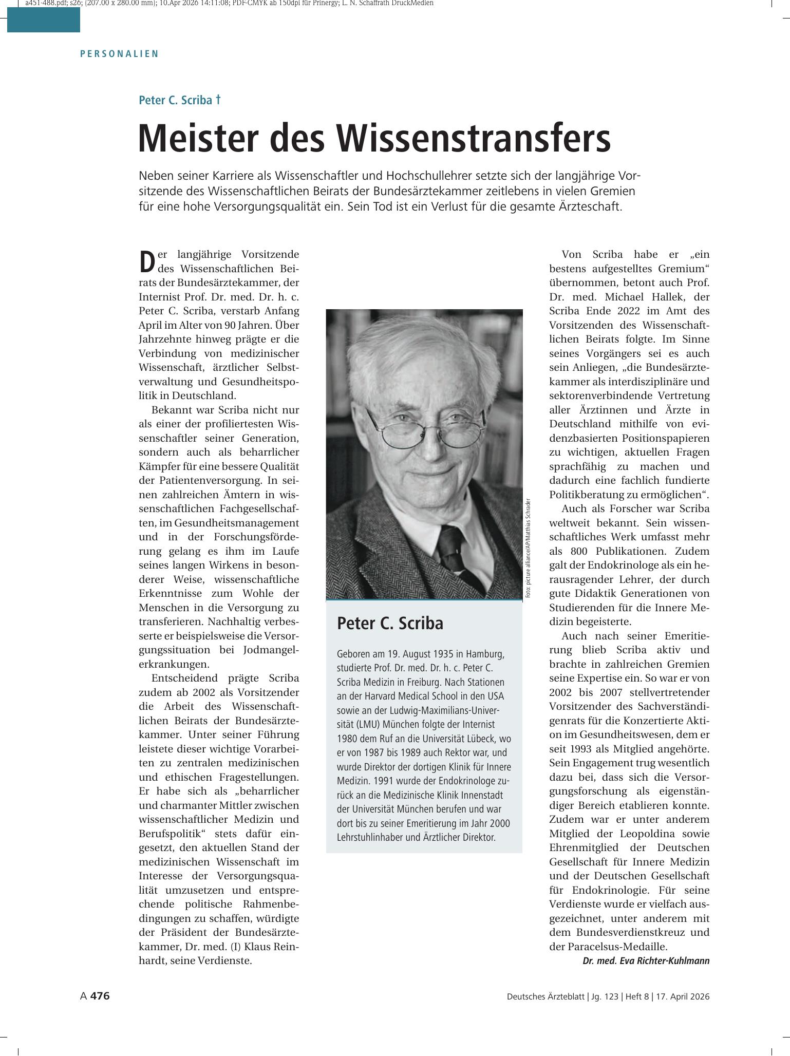 Vorschauseite 1: Peter C. Scriba †: Meister des Wissenstransfers – Deutsches Ärzteblatt