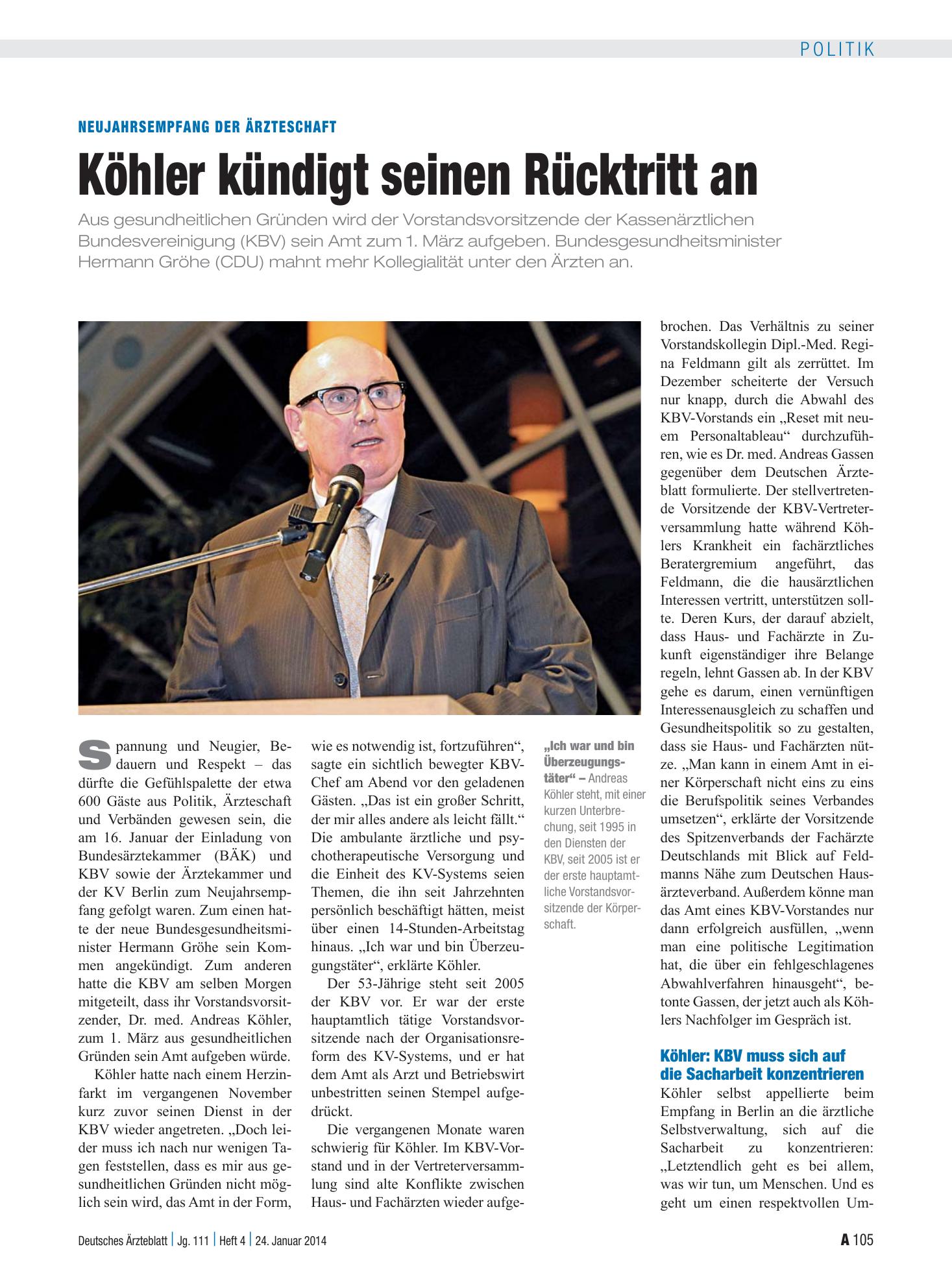 Vorschauseite 1: Neujahrsempfang der Ärzteschaft: Köhler kündigt seinen Rücktritt an – Deutsches Ärzteblatt