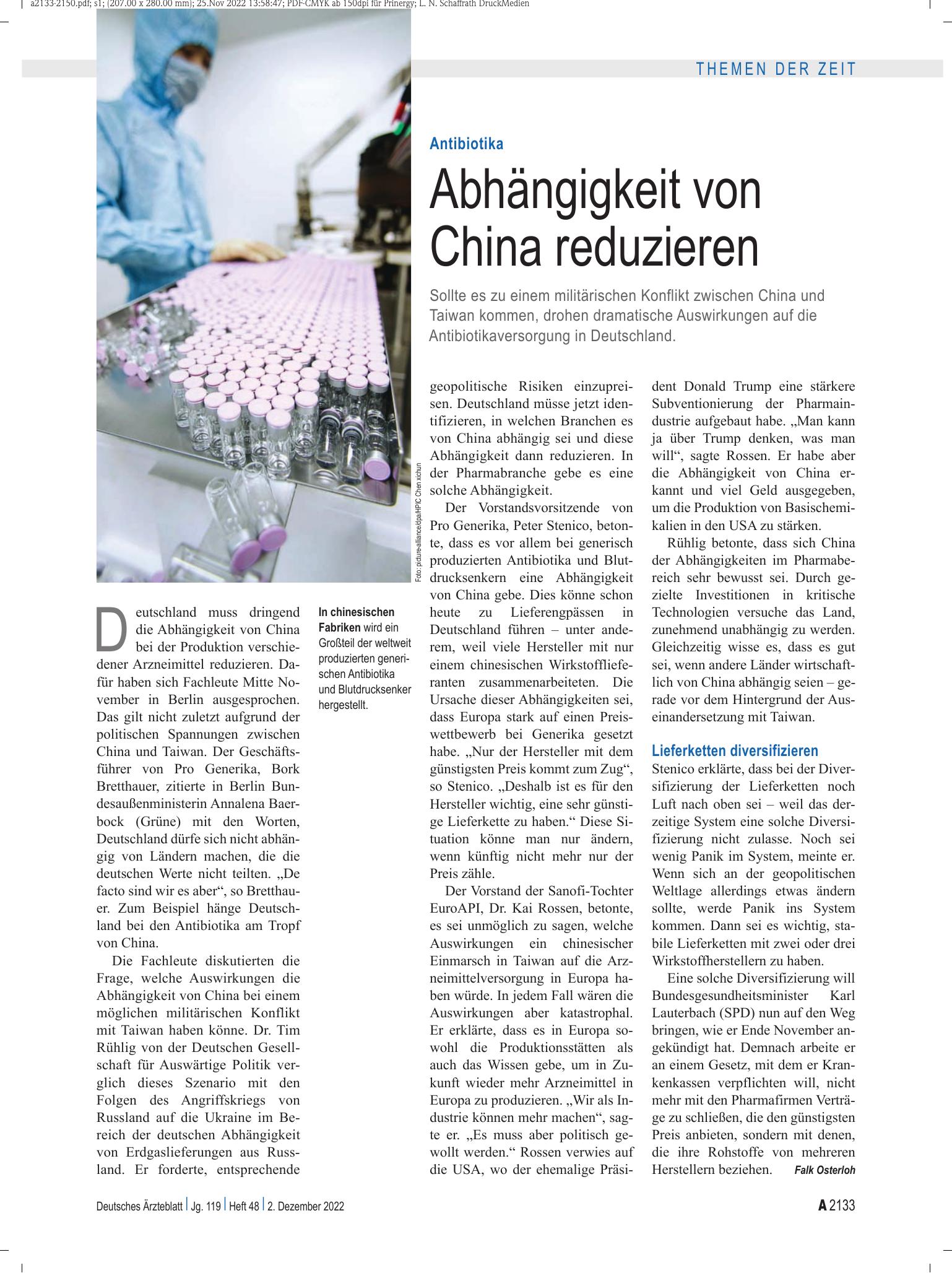 Vorschauseite 1: Antibiotika: Abhängigkeit von China reduzieren – Deutsches Ärzteblatt