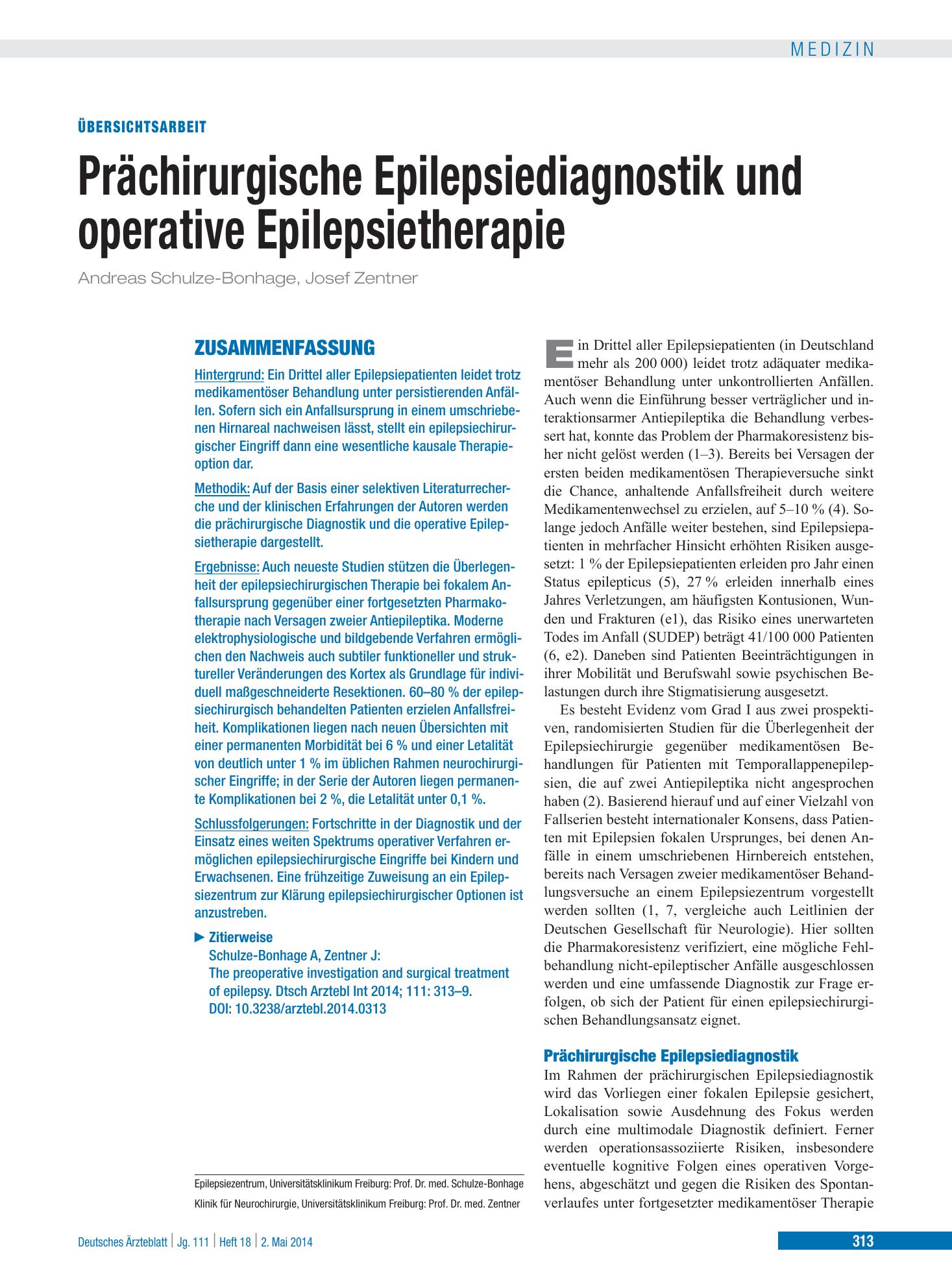 Vorschauseite 1: Prächirurgische Epilepsiediagnostik und operative Epilepsietherapie – Deutsches Ärzteblatt