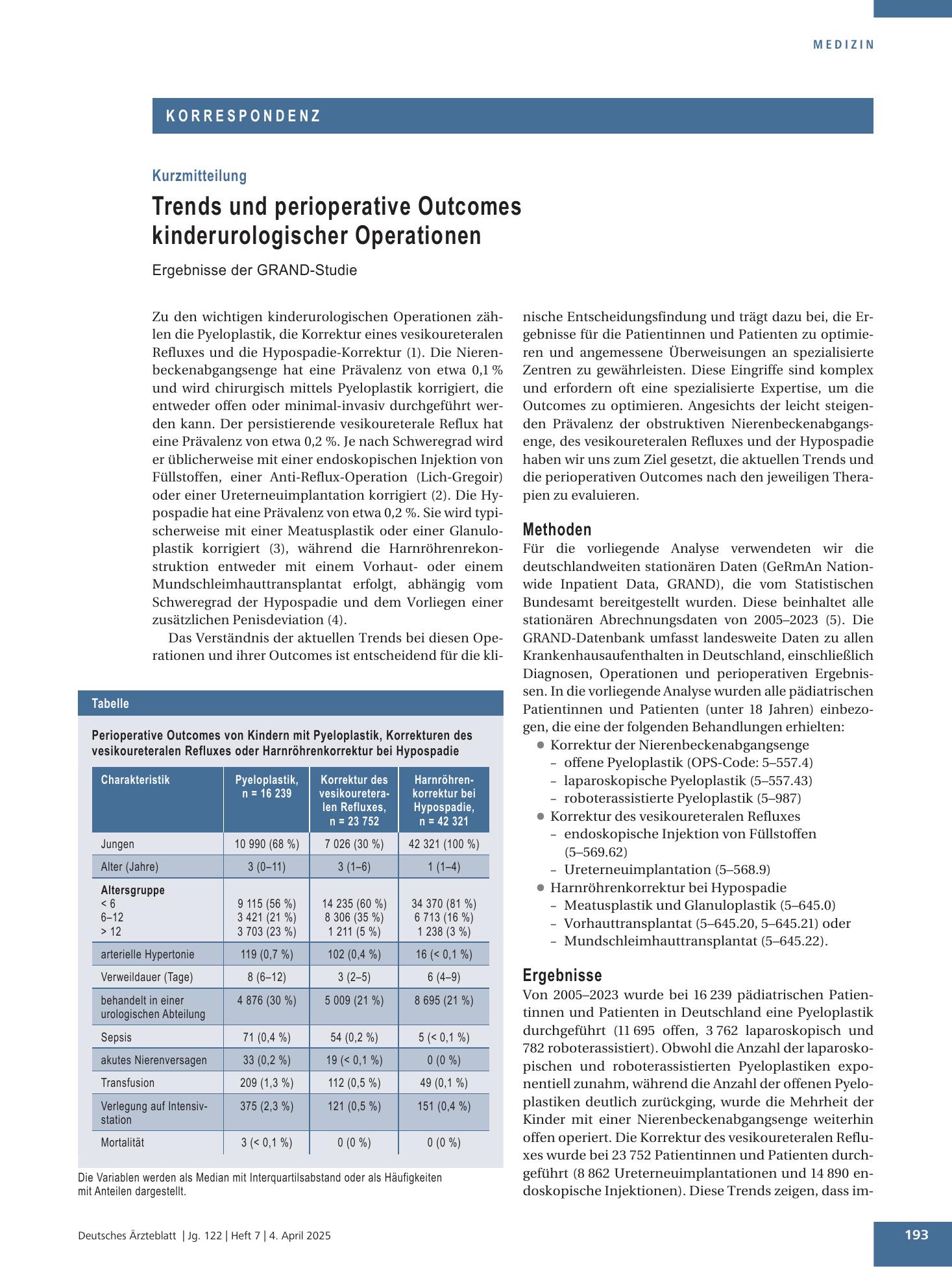 Vorschauseite 1: Trends und perioperative Outcomes kinderurologischer Operationen – Deutsches Ärzteblatt