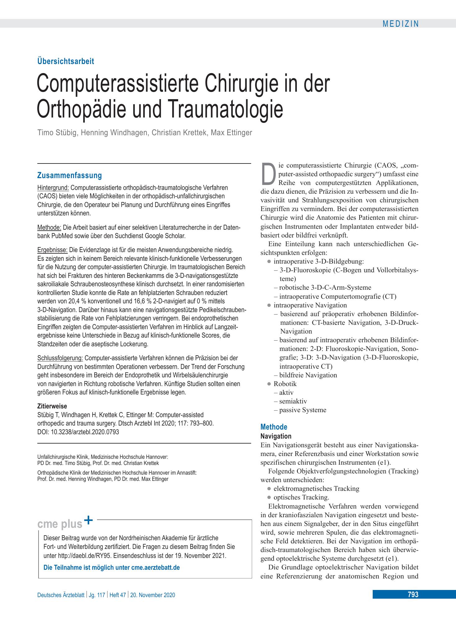 Vorschauseite 1: Computerassistierte Chirurgie in der Orthopädie und Traumatologie – Deutsches Ärzteblatt