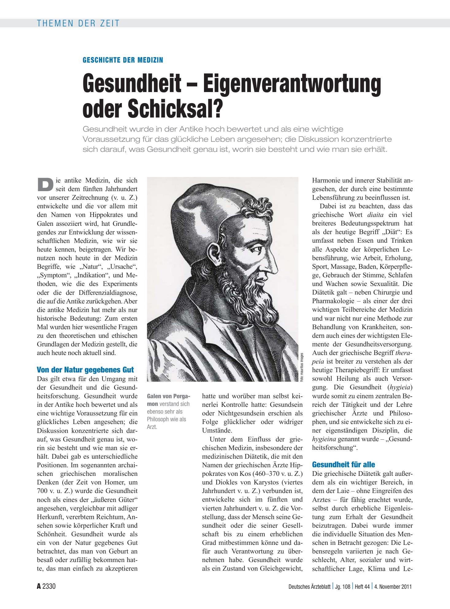 Vorschauseite 1: Geschichte der Medizin: Gesundheit – Eigenverantwortung oder Schicksal? – Deutsches Ärzteblatt