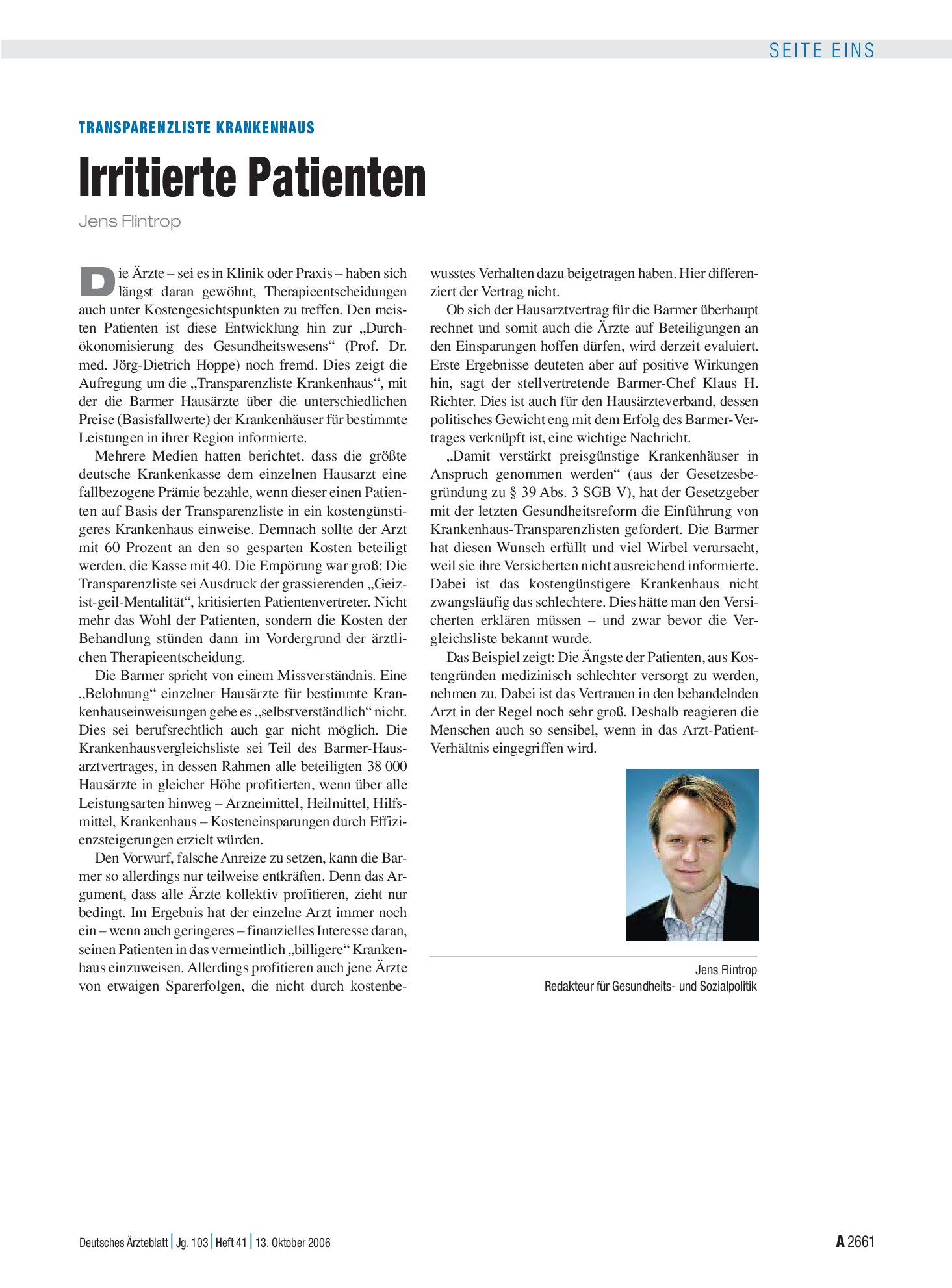 Vorschauseite 1: Transparenzliste Krankenhaus: Irritierte Patienten – Deutsches Ärzteblatt