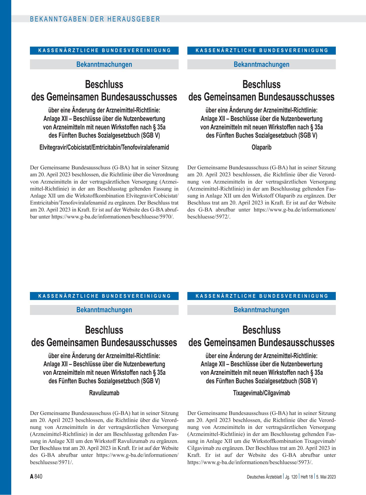 Vorschauseite 1: Beschluss des Gemeinsamen Bundesausschusses über eine Änderung der Arzneimittel-Richtlinie: Olaparib – Deutsches Ärzteblatt