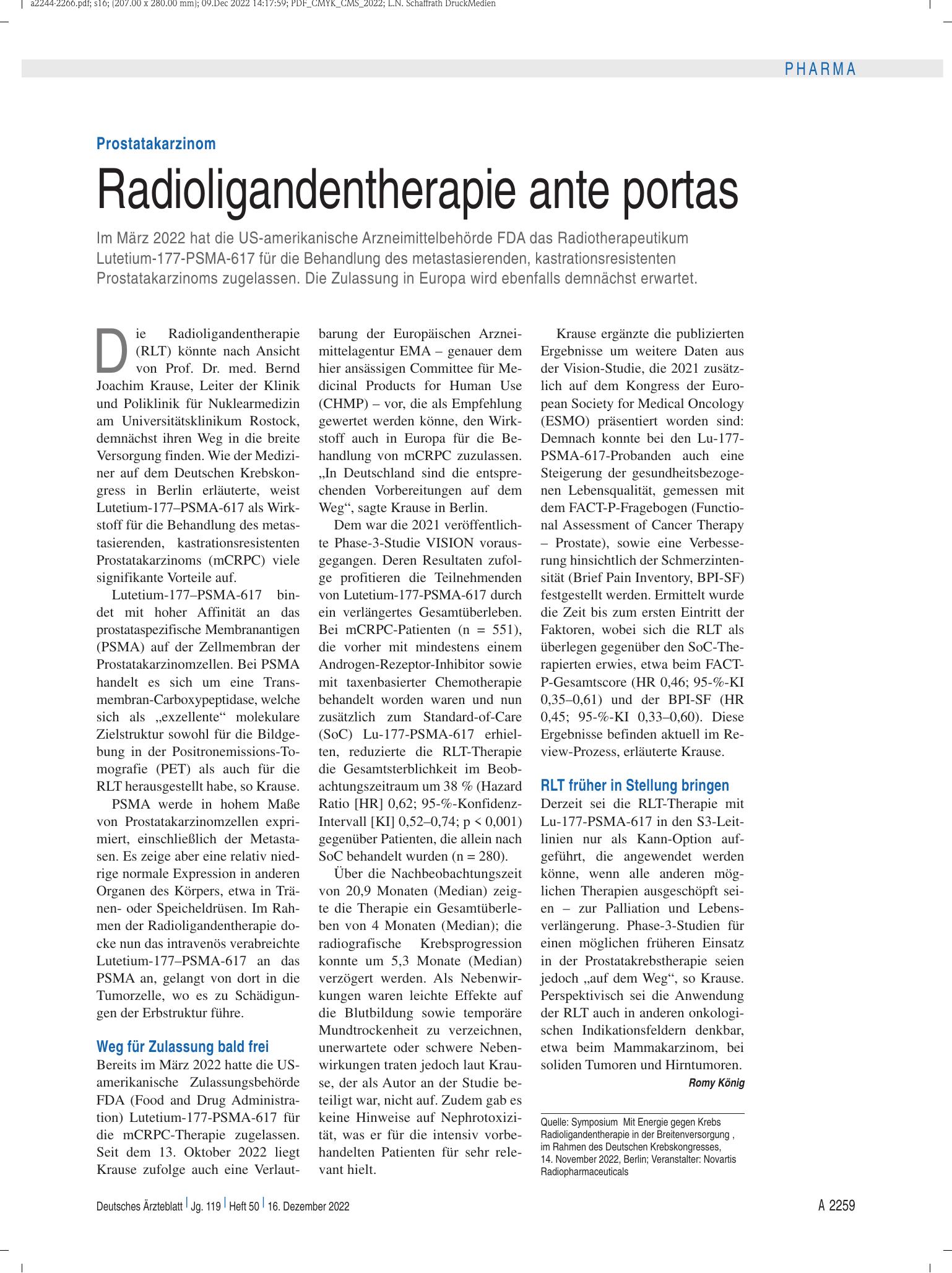Vorschauseite 1: Prostatakarzinom: Radioligandentherapie ante portas – Deutsches Ärzteblatt