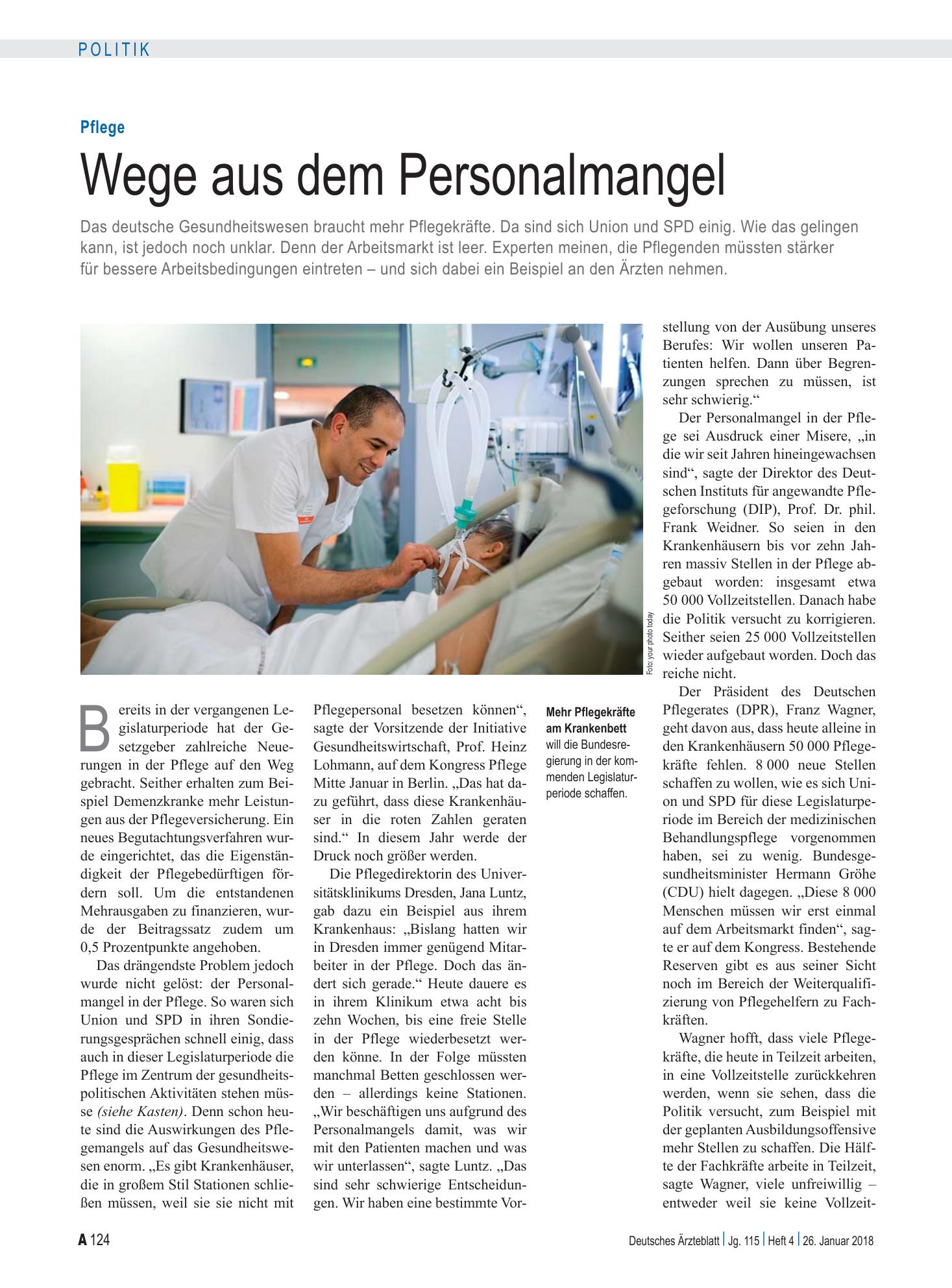 Vorschauseite 1: Pflege: Wege aus dem Personalmangel – Deutsches Ärzteblatt