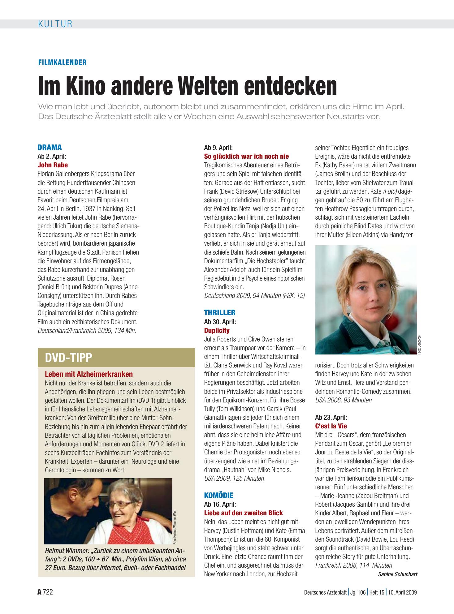 Vorschauseite 1: Filmkalender: Im Kino andere Welten entdecken – Deutsches Ärzteblatt