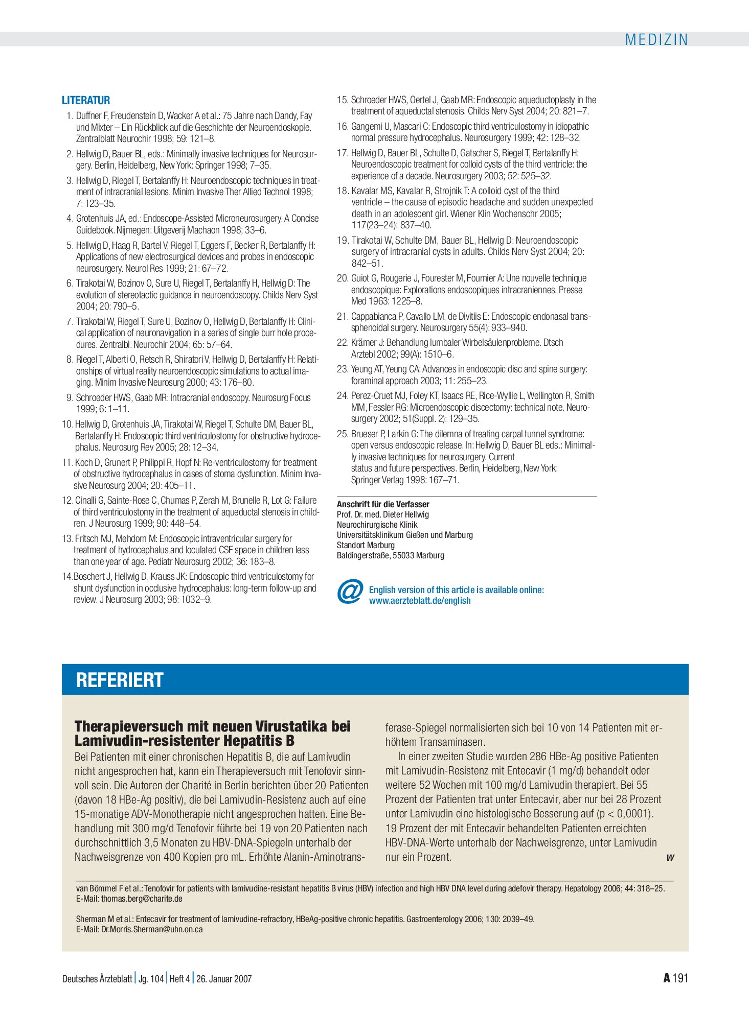 Vorschauseite 1: Therapieversuch mit neuen Virustatika bei Lamivudin-resistenter Hepatitis B – Deutsches Ärzteblatt