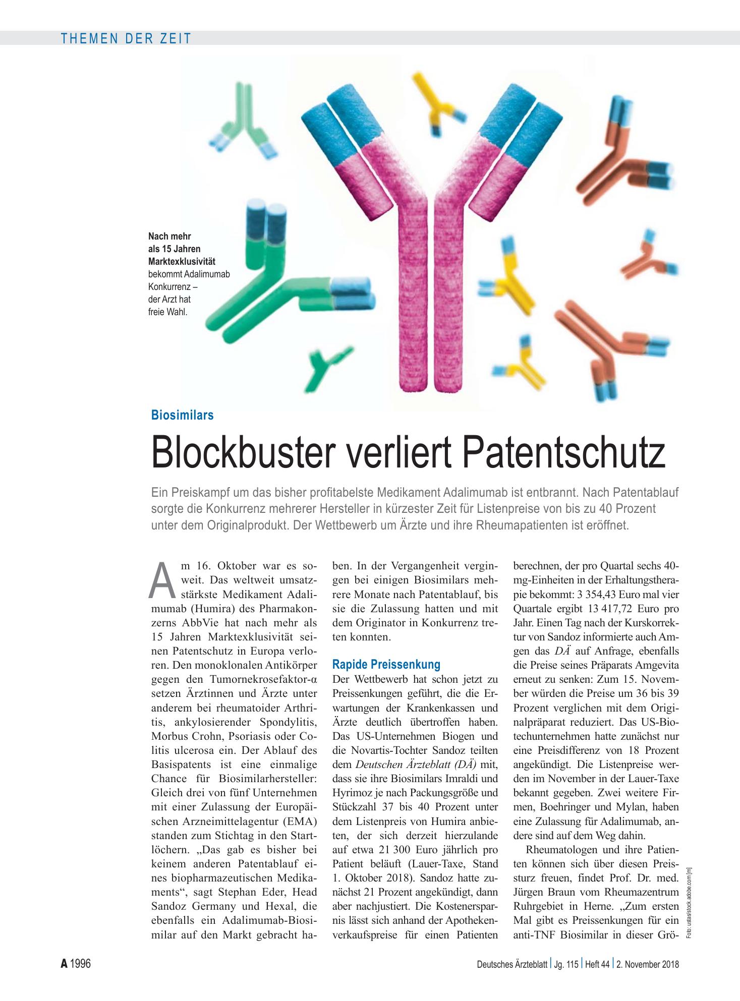 Vorschauseite 1: Biosimilars: Blockbuster verliert Patentschutz – Deutsches Ärzteblatt