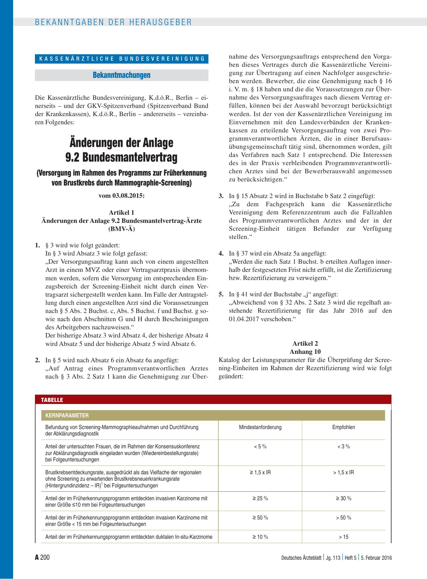 Vorschauseite 1: Änderungen der Anlage 9.2 Bundesmantelvertrag (Versorgung im Rahmen des Programms zur Früherkennung von Brustkrebs durch Mammographie-Screening) – Deutsches Ärzteblatt