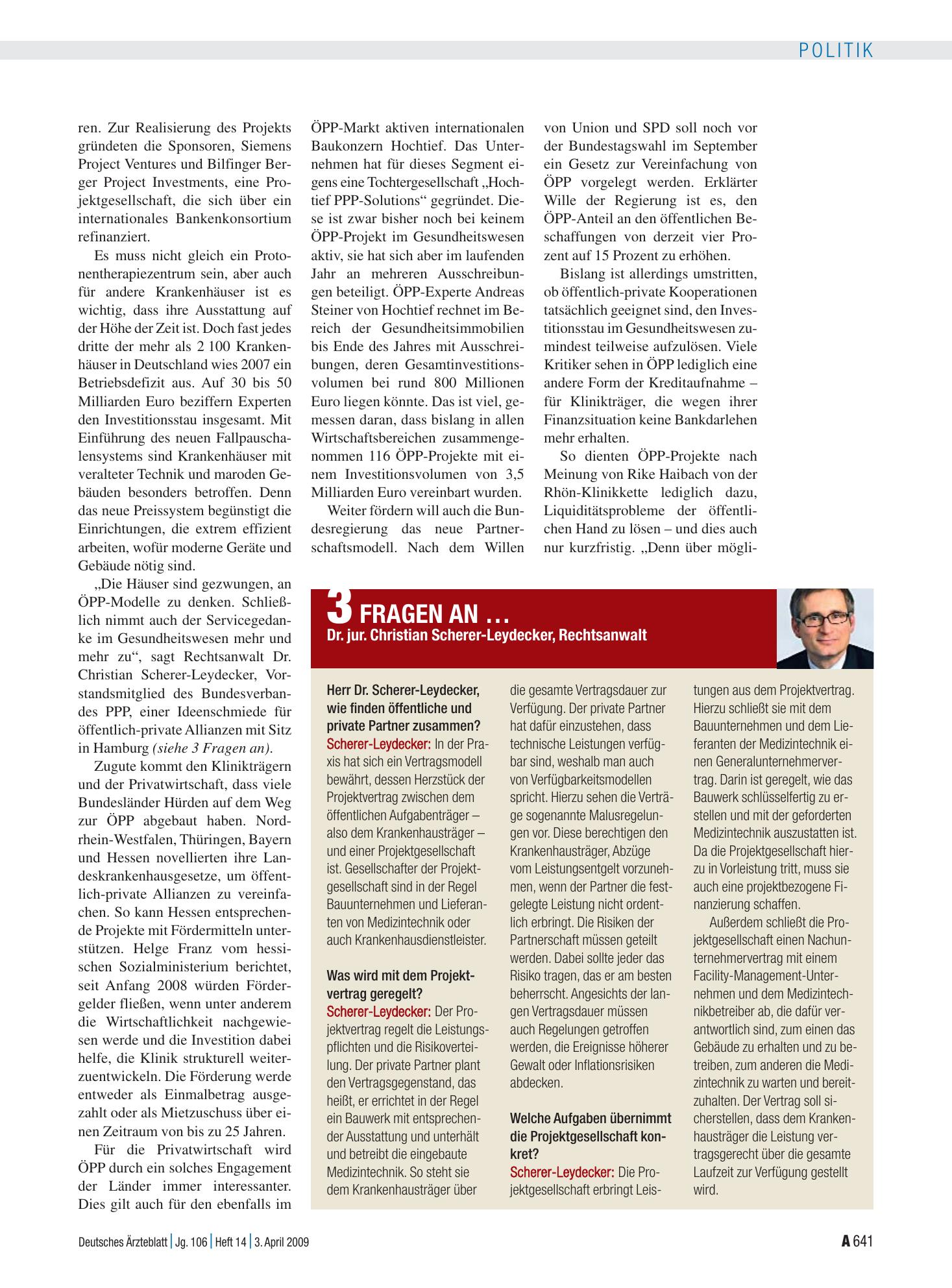 Vorschauseite 1: 3 Fragen an … Dr. jur. Christian Scherer-Leydecker, Rechtsanwalt – Deutsches Ärzteblatt