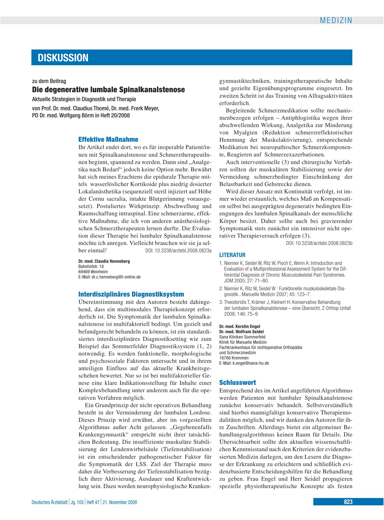 Vorschauseite 1: Die degenerative lumbale Spinalkanalstenose – Aktuelle Strategien in Diagnostik und Therapie: Interdisziplinäres Diagnostiksystem – Deutsches Ärzteblatt