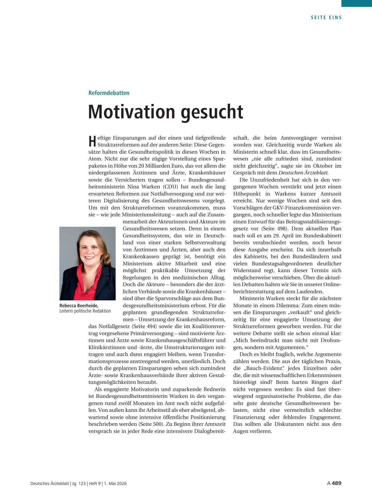 Vorschauseite 1: Reformdebatten: Motivation gesucht – Deutsches Ärzteblatt