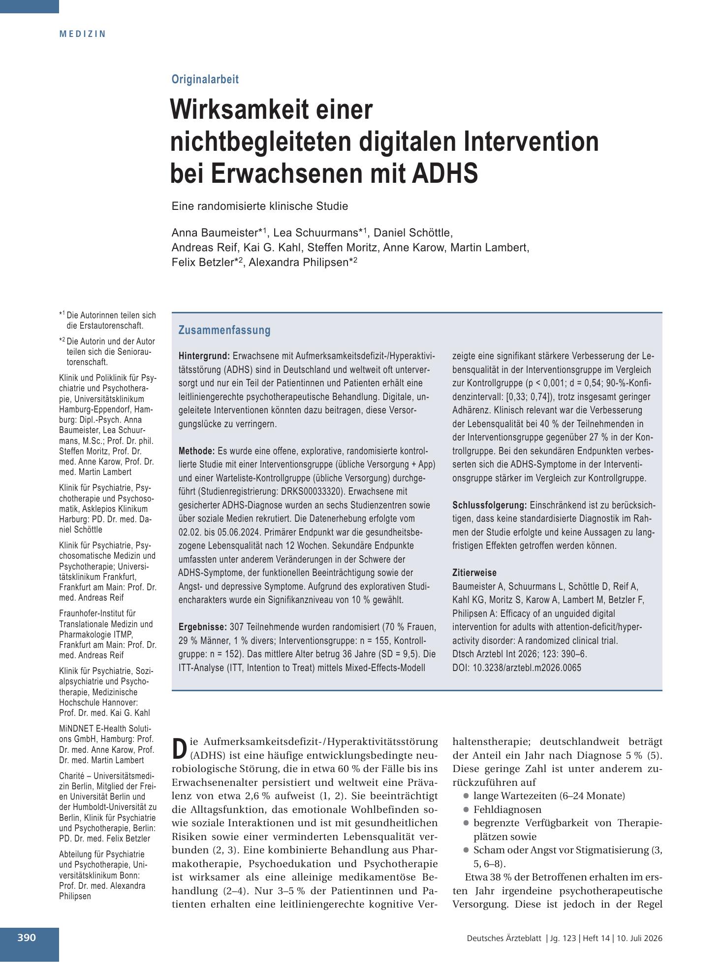 Vorschauseite 1: Wirksamkeit einer nichtbegleiteten digitalen Intervention bei Erwachsenen mit ADHS – Deutsches Ärzteblatt