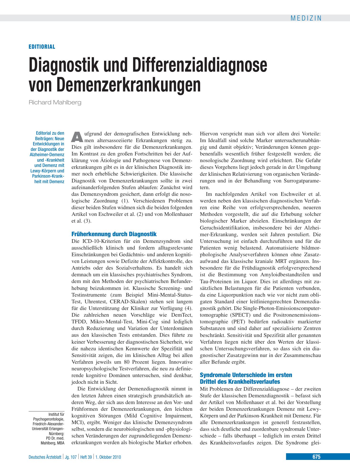 Vorschauseite 1: Diagnostik und Differenzialdiagnose von Demenzerkrankungen – Deutsches Ärzteblatt