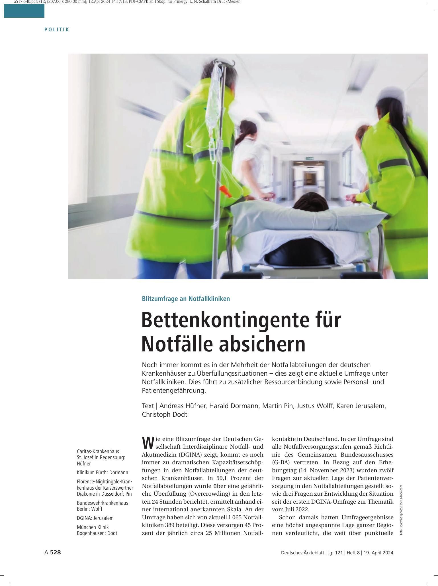Vorschauseite 1: Blitzumfrage an Notfallkliniken: Bettenkontingente für Notfälle absichern – Deutsches Ärzteblatt