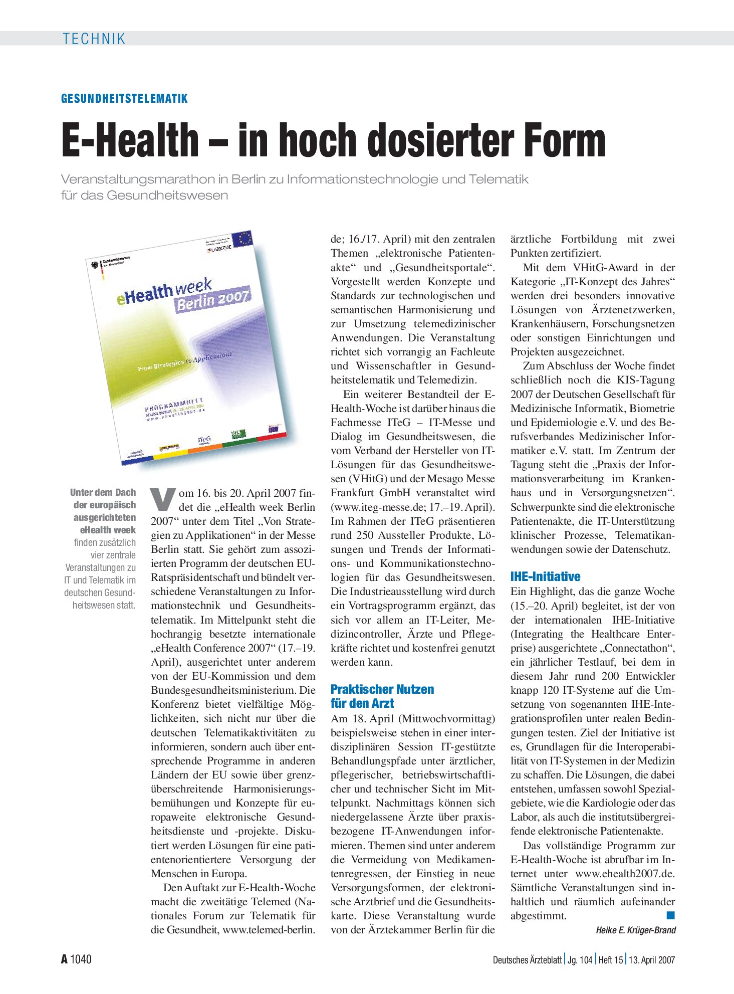 Vorschauseite 1: Gesundheitstelematik: E-Health – in hoch dosierter Form – Deutsches Ärzteblatt