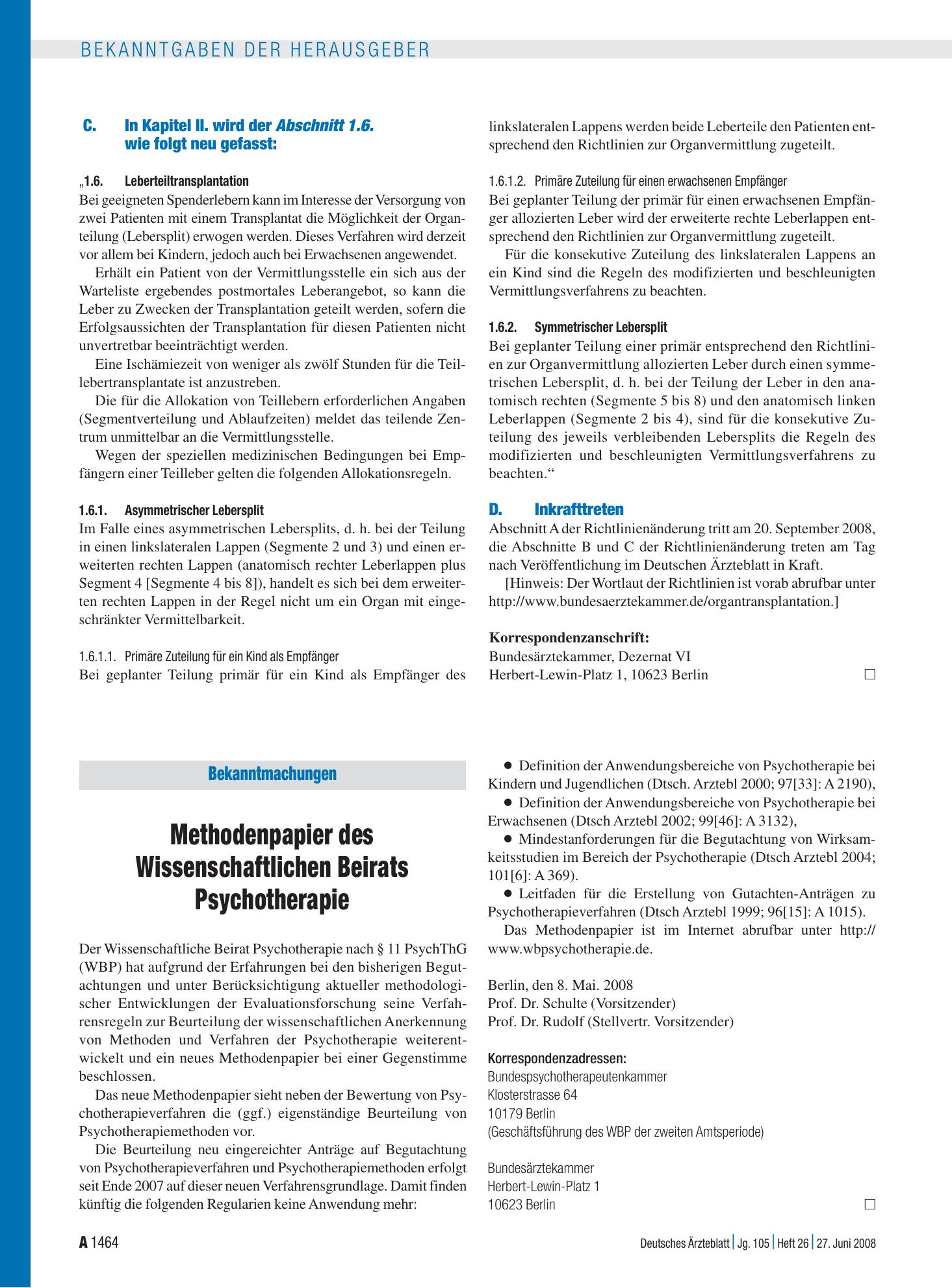 Vorschauseite 1: Bekanntmachungen: Methodenpapier des Wissenschaftlichen Beirats Psychotherapie – Deutsches Ärzteblatt