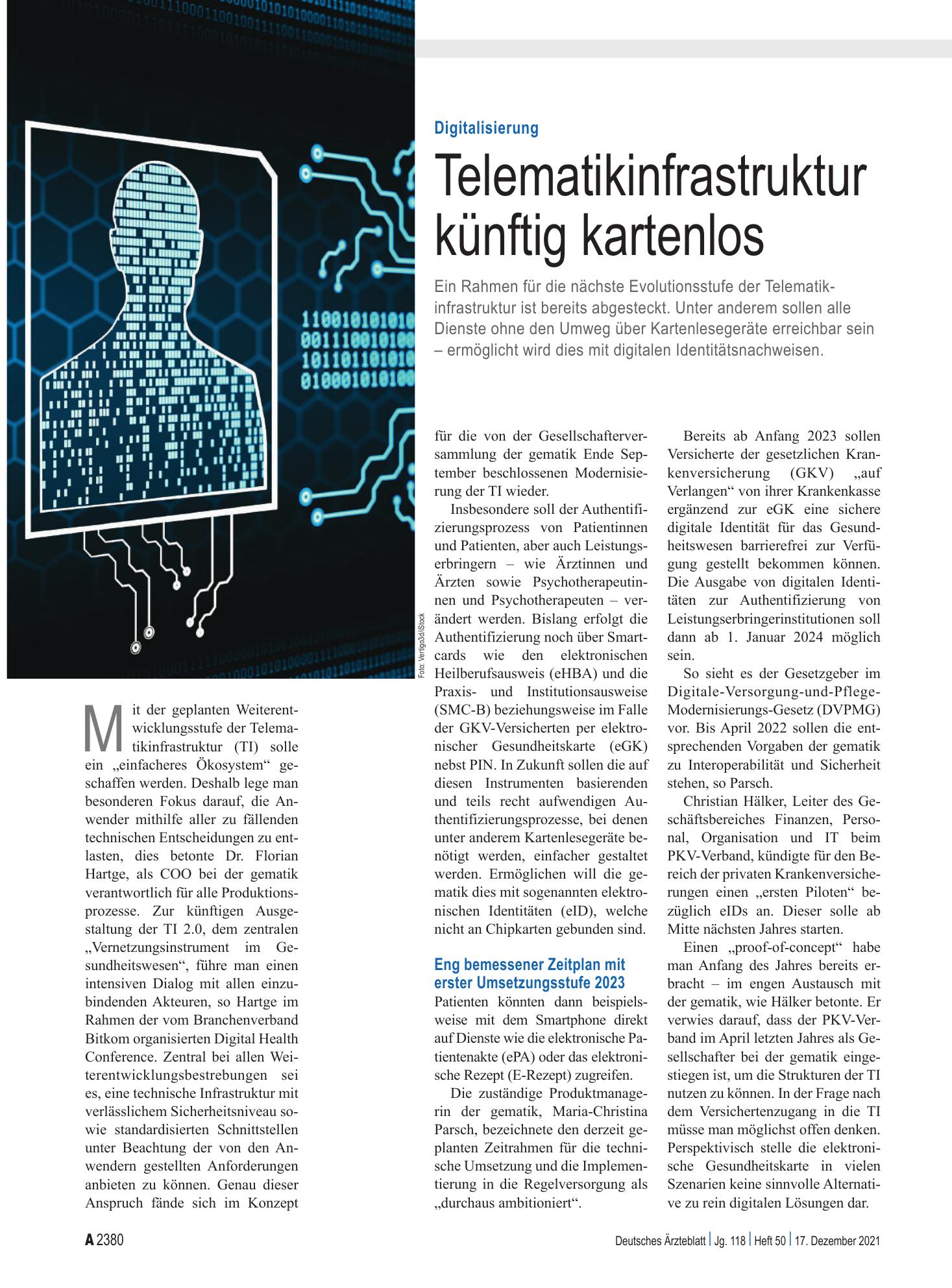 Vorschauseite 1: Digitalisierung: Telematikinfrastruktur künftig kartenlos – Deutsches Ärzteblatt