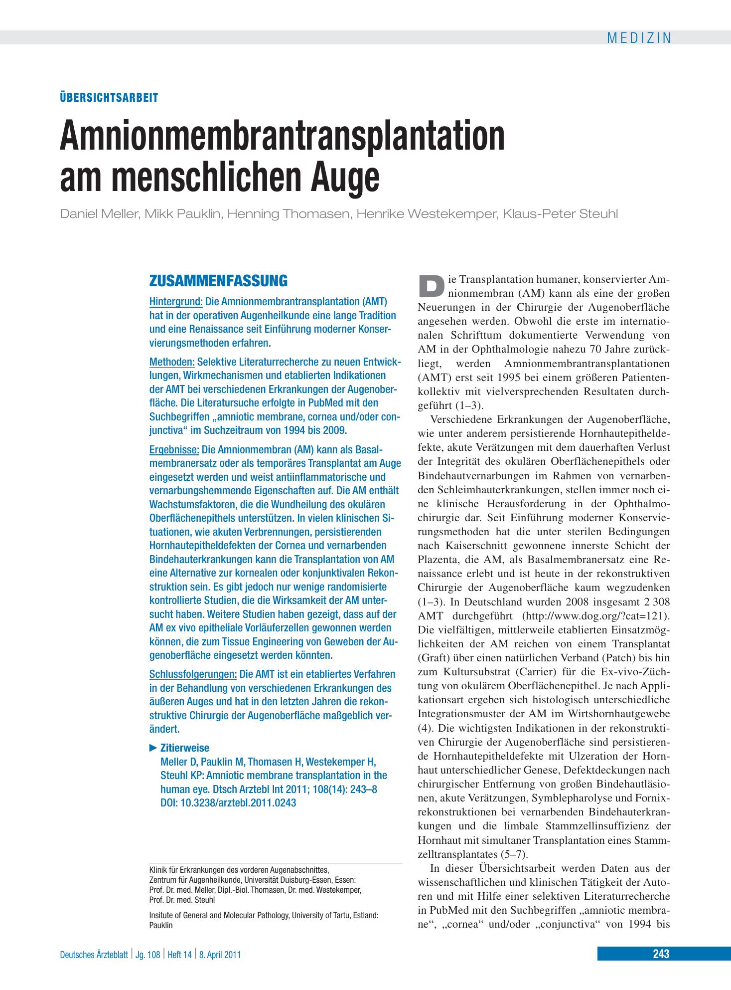 Vorschauseite 1: Amnionmembrantransplantation am menschlichen Auge – Deutsches Ärzteblatt