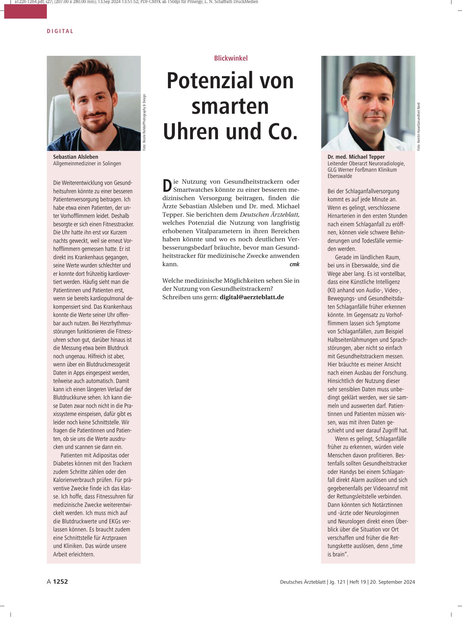 Vorschauseite 1: Blickwinkel: Potenzial von smarten Uhren und Co. – Deutsches Ärzteblatt