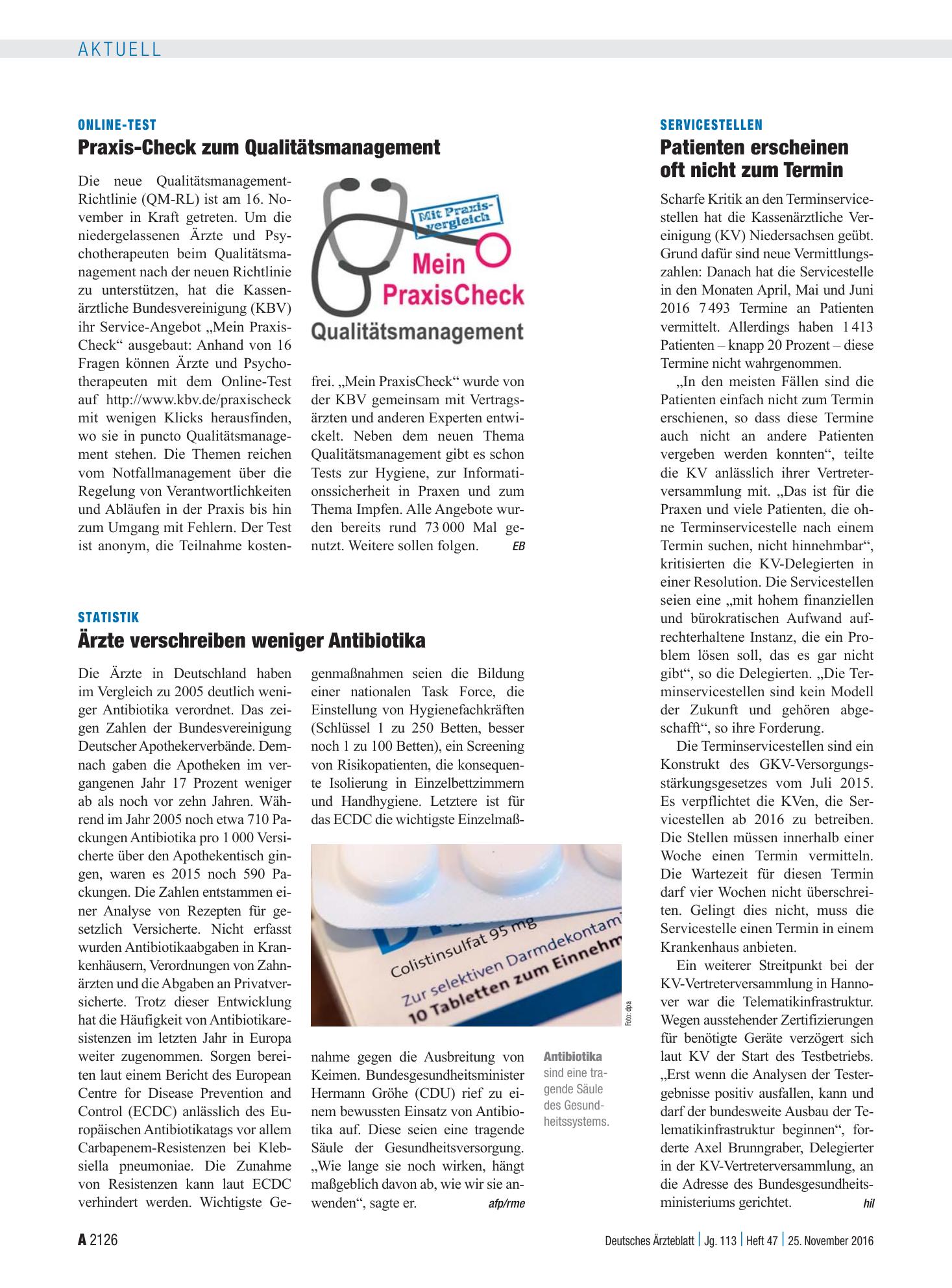 Vorschauseite 1: Online-Test: Praxis-Check zum Qualitätsmanagement – Deutsches Ärzteblatt